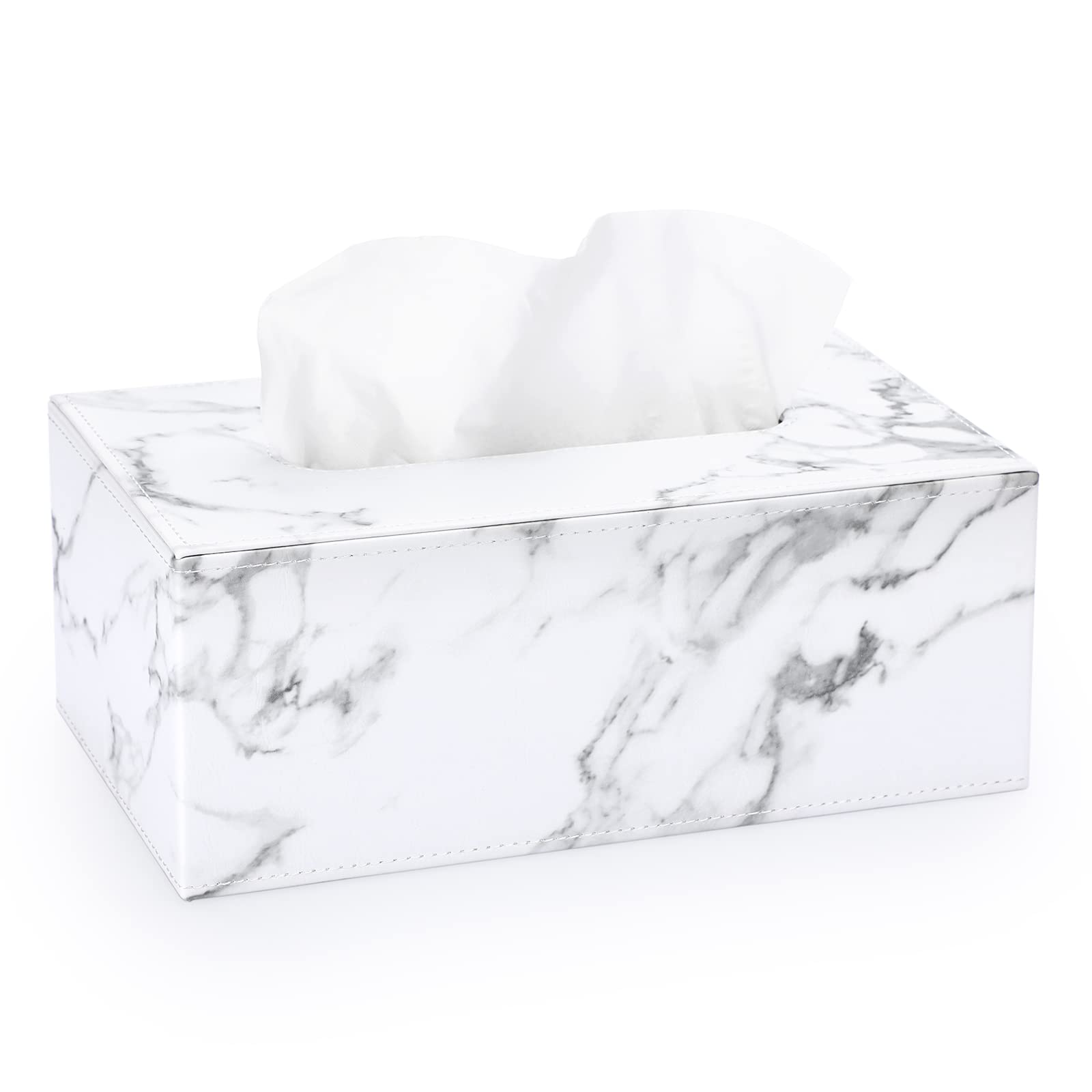 Sumnacon Rectangular Leather Tissue Box Cover - Elegant PU Tissue Box Holder with Magnetic Bottom for Home & Office Decor | Vanity Dresser Nightstand Table Countertop Car Accessory | Marble White Design for Modern Living Spaces