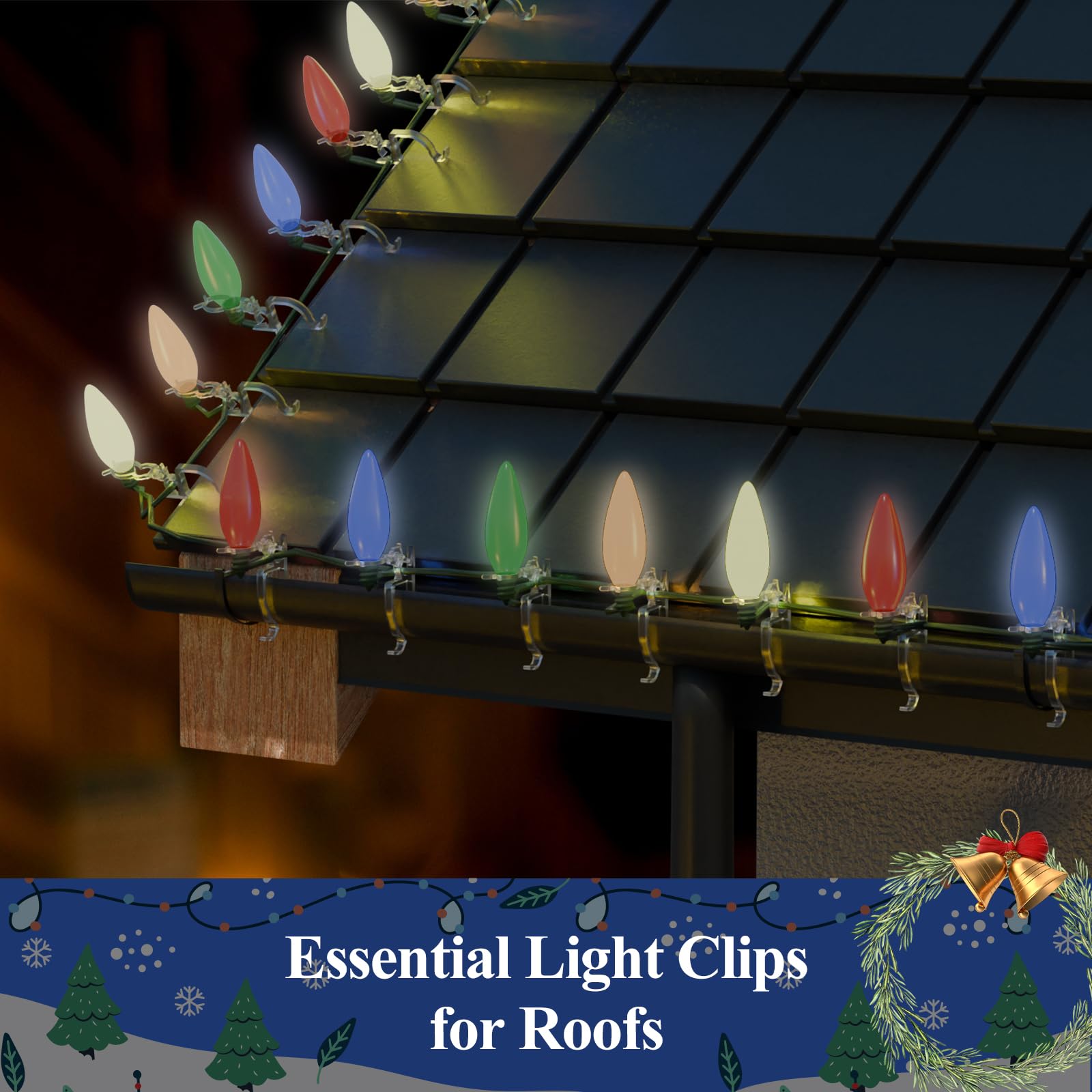 200-Pack Christmas Light Clips for Outdoor Holiday Decorations - Shingle & Gutter Mounting Clips for Mini, C6, C7, C9, Rope & Icicle Lights - No Tools Needed - Perfect for Roof, Fence & Window Decorations