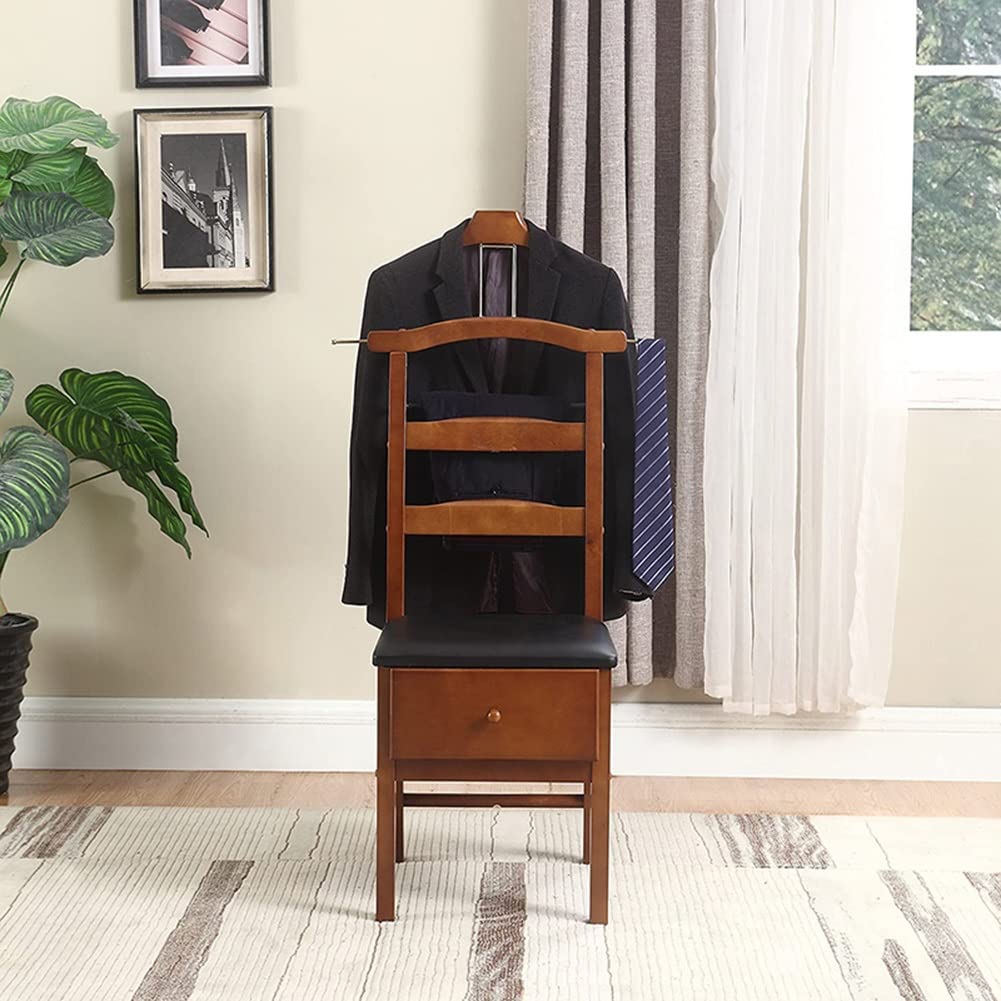 Wooden Valet Stand with Drawer - Freestanding Clothes Rack with Trouser & Tie Bar - Suit Valet Stand for Men & Women - Perfect for Bedroom, Closet & Dressing Room Organization
