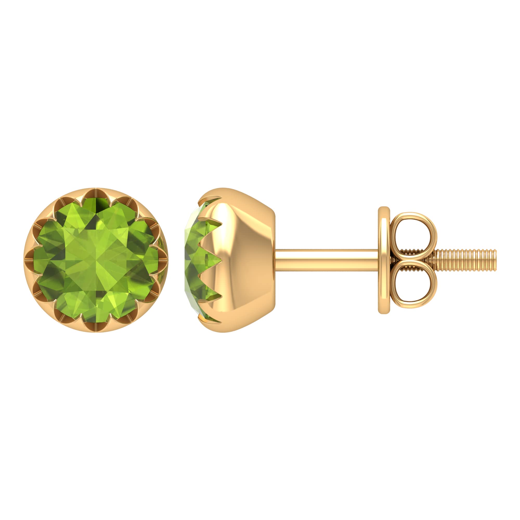 1 CT Peridot Stud Earrings for Women - 5mm Scalloped Bezel Set Solitaire Earrings in 14K Solid Gold | Green Gemstone Jewelry for Everyday Wear, Gift & Special Occasions