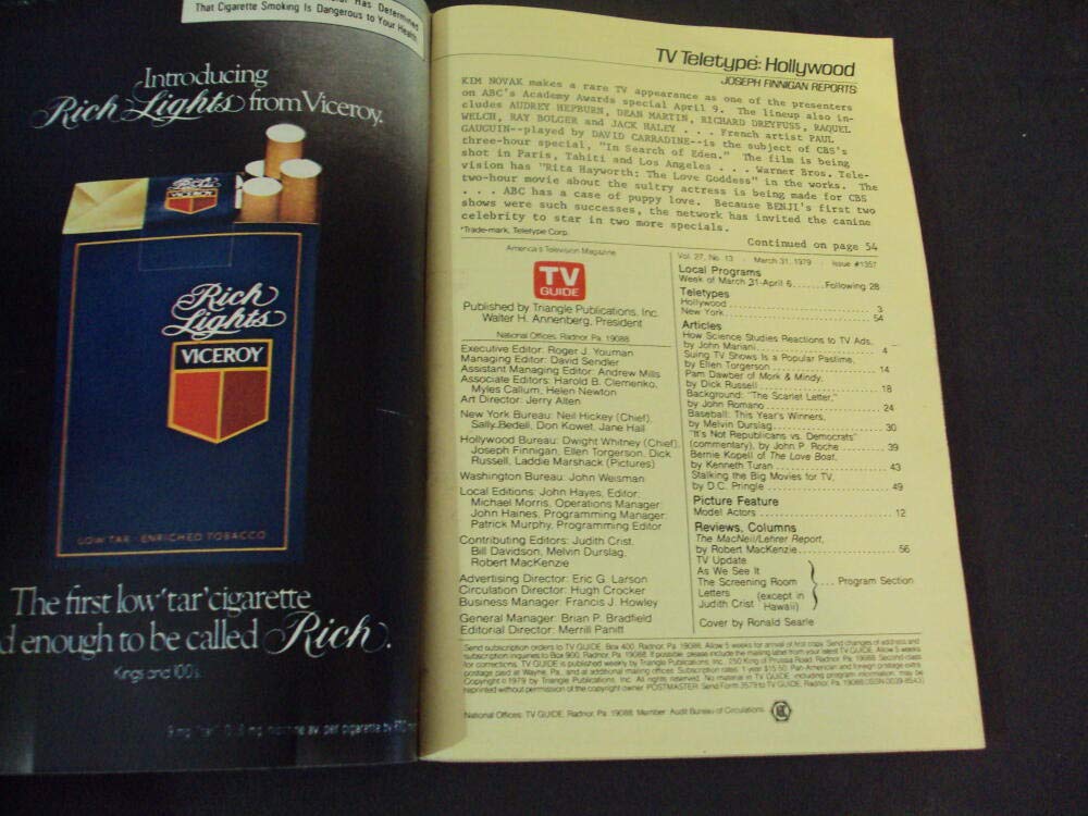 TV Guide March 31 - April 8 1979 Vintage Magazine | Science Studies on TV Ads Reaction | Perfect for Collectors, Media Researchers & Retro TV Enthusiasts