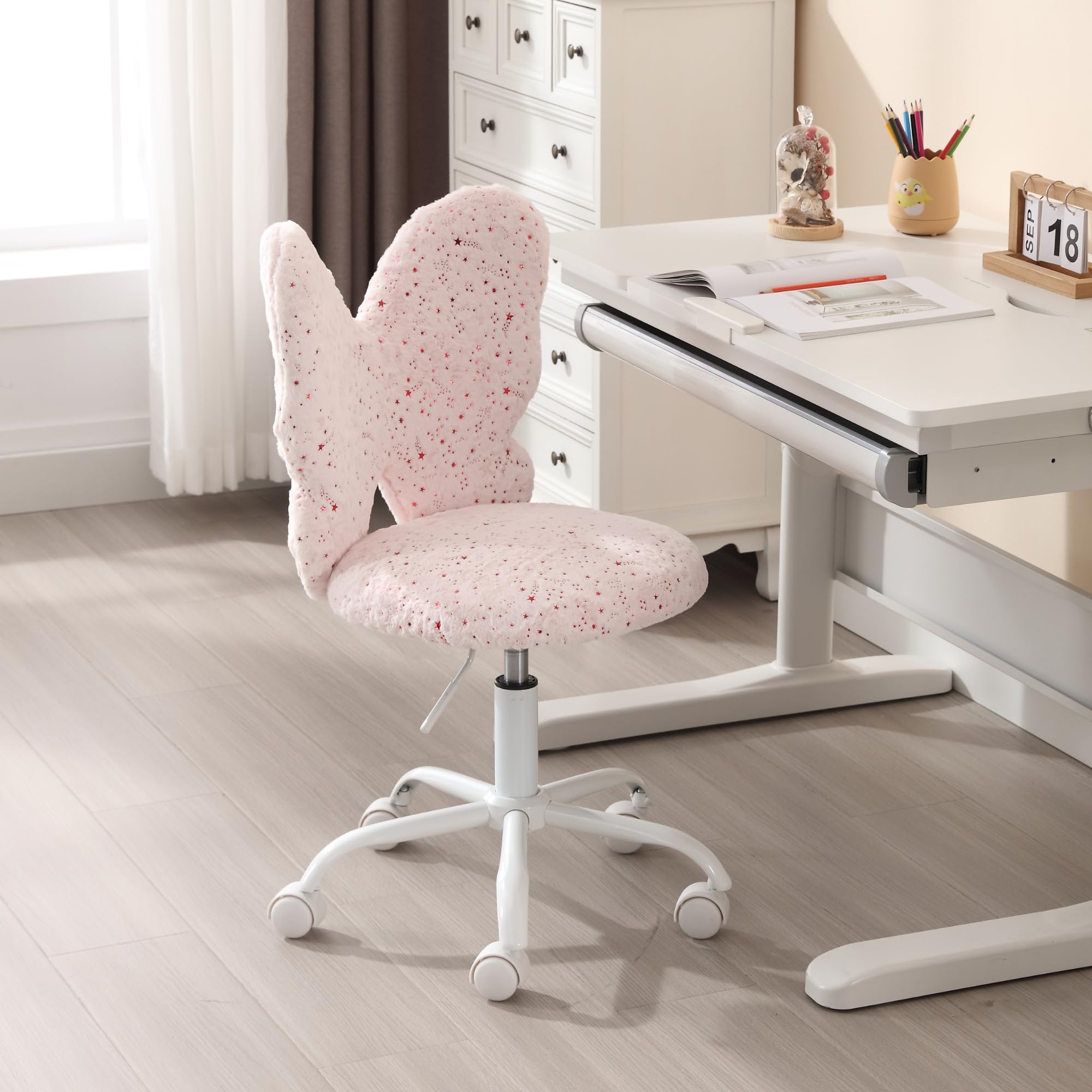 Kmax Adjustable Kids Desk Chair with Wheels - Soft Faux Fur Butterfly Swivel Chair for Children, Pink | Perfect for Bedroom, Study Room & Home Office Use