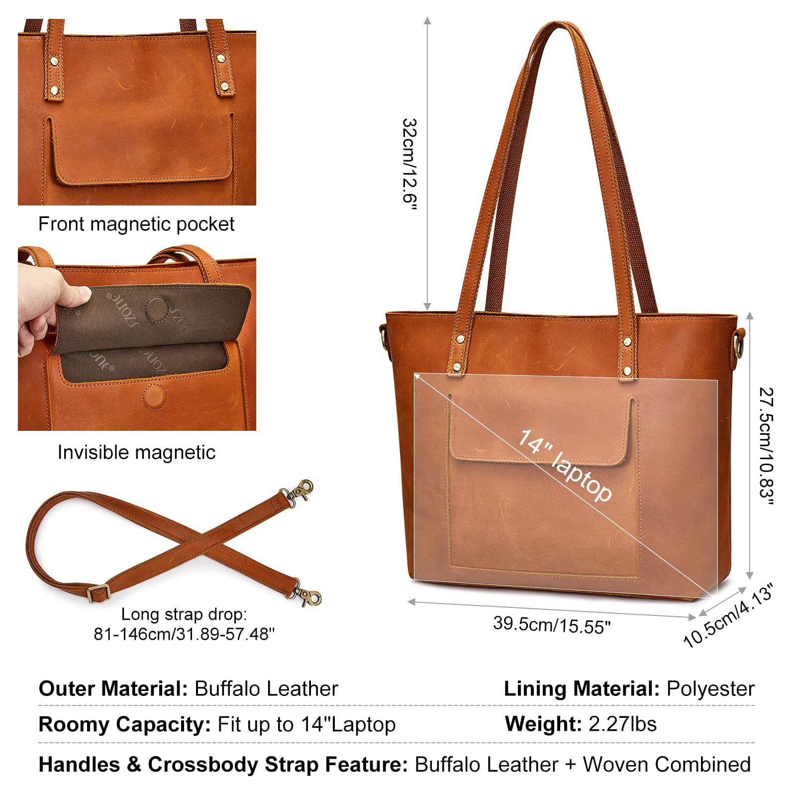 S-ZONE Genuine Leather Tote Bag for Women with Matching Distressed Shoulder Bucket Purse - Stylish Handbag Set for Work, Travel & Everyday Use