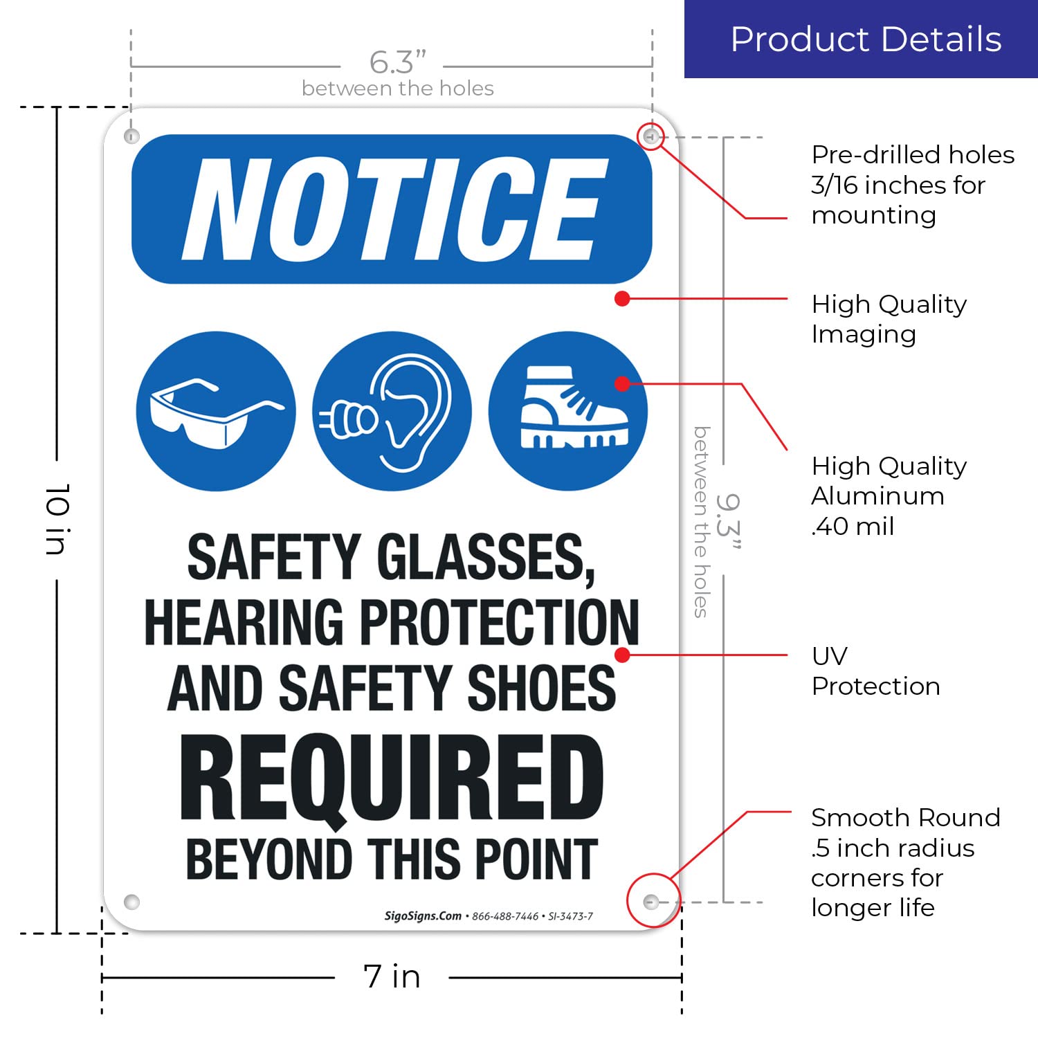 OSHA Safety Sign - Safety Glasses, Hearing Protection & Shoes Required - Workplace Safety Equipment for Construction & Industrial Areas