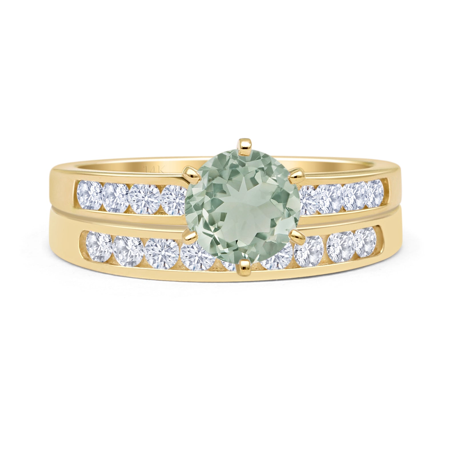 14K Yellow Gold Two Piece Half Eternity Band Ring with Round Natural Green Amethyst & Prasiolite - Elegant Cathedral Setting for Wedding, Anniversary & Special Occasion Jewelry Gift