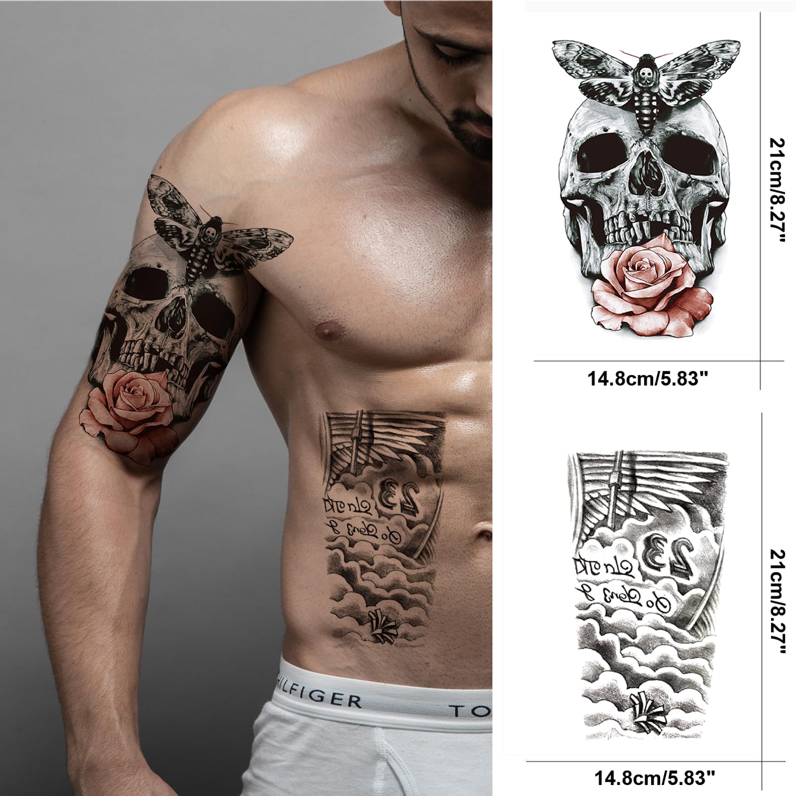 Realistic Pirate Temporary Tattoos for Adults - Large Half Sleeve Black Skull Anchor Sailboat Fake Tattoo Stickers for Men & Women, Tribal Skeleton Body Art Makeup (8 Sheets) - Perfect for Halloween Costumes, Cosplay, Themed Parties and Tattoo Lovers