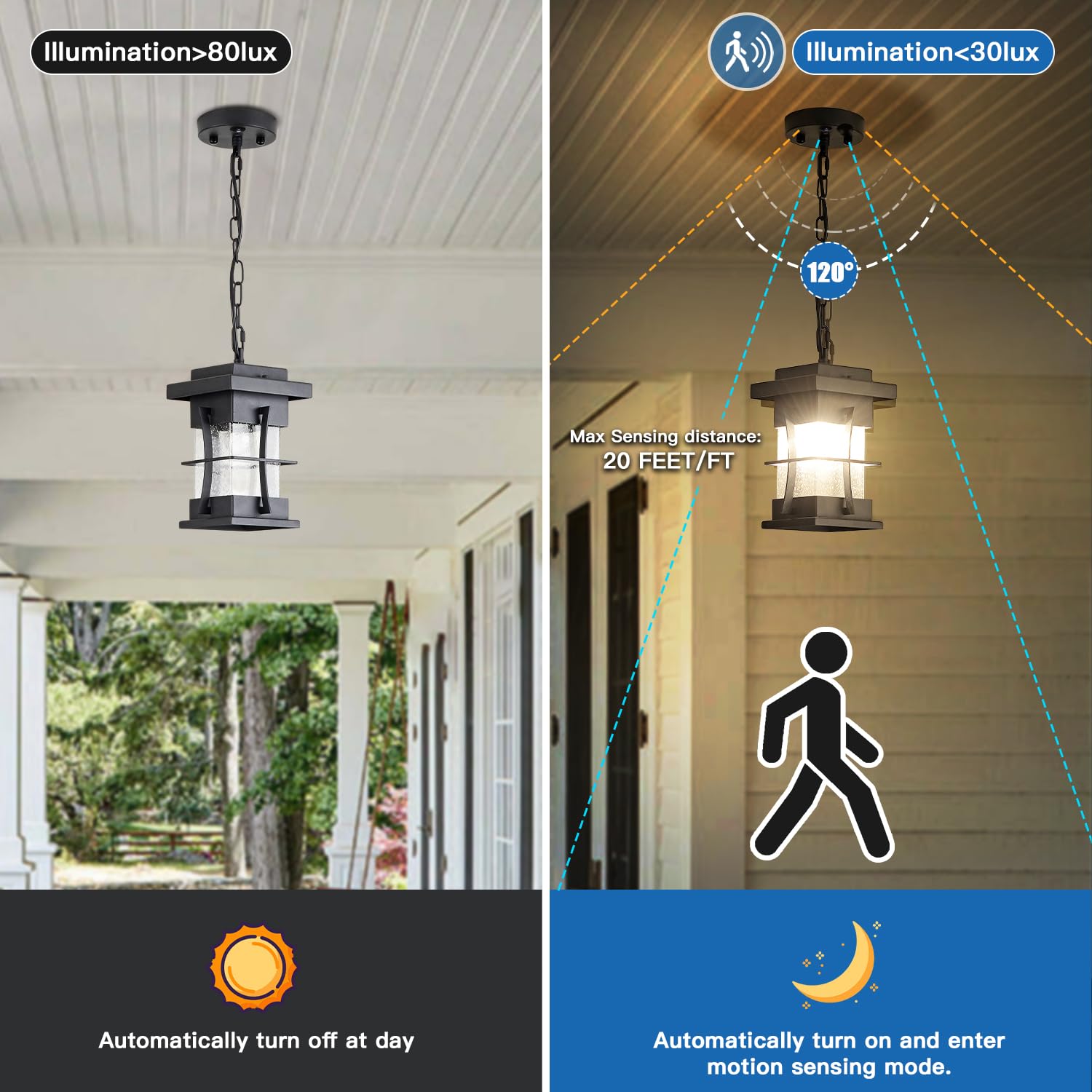 Motion Sensor Outdoor Pendant Light with Dusk to Dawn Auto On/Off - Adjustable Chain Hanging Lantern in Black with Seeded Glass - Perfect for Patio, Front Porch, Garden, and House Exterior Lighting