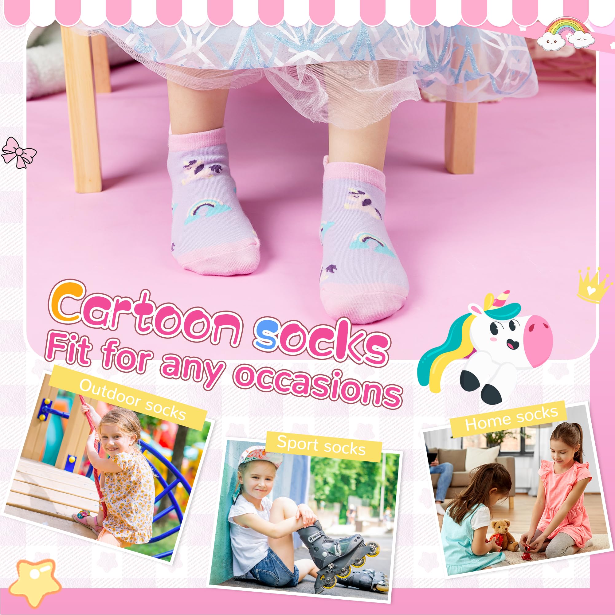 Girls Unicorn Ankle Socks - 6 Pairs Cute No Show Cotton Socks with Cartoon Print for Kids - Perfect for School, Playtime & Everyday Wear