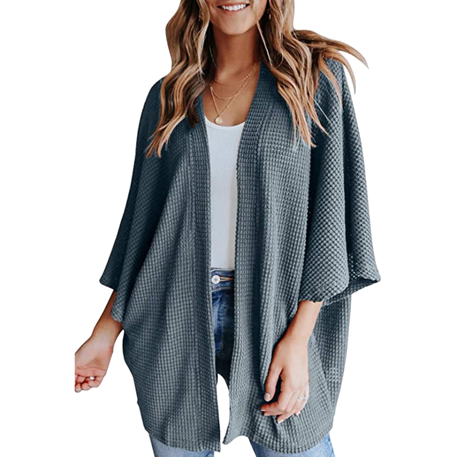Women's Lightweight Waffle Knit Cardigan - 3/4 Batwing Sleeve Open Front Sweater | Casual Beach Cover Up, Spring Layering Essential