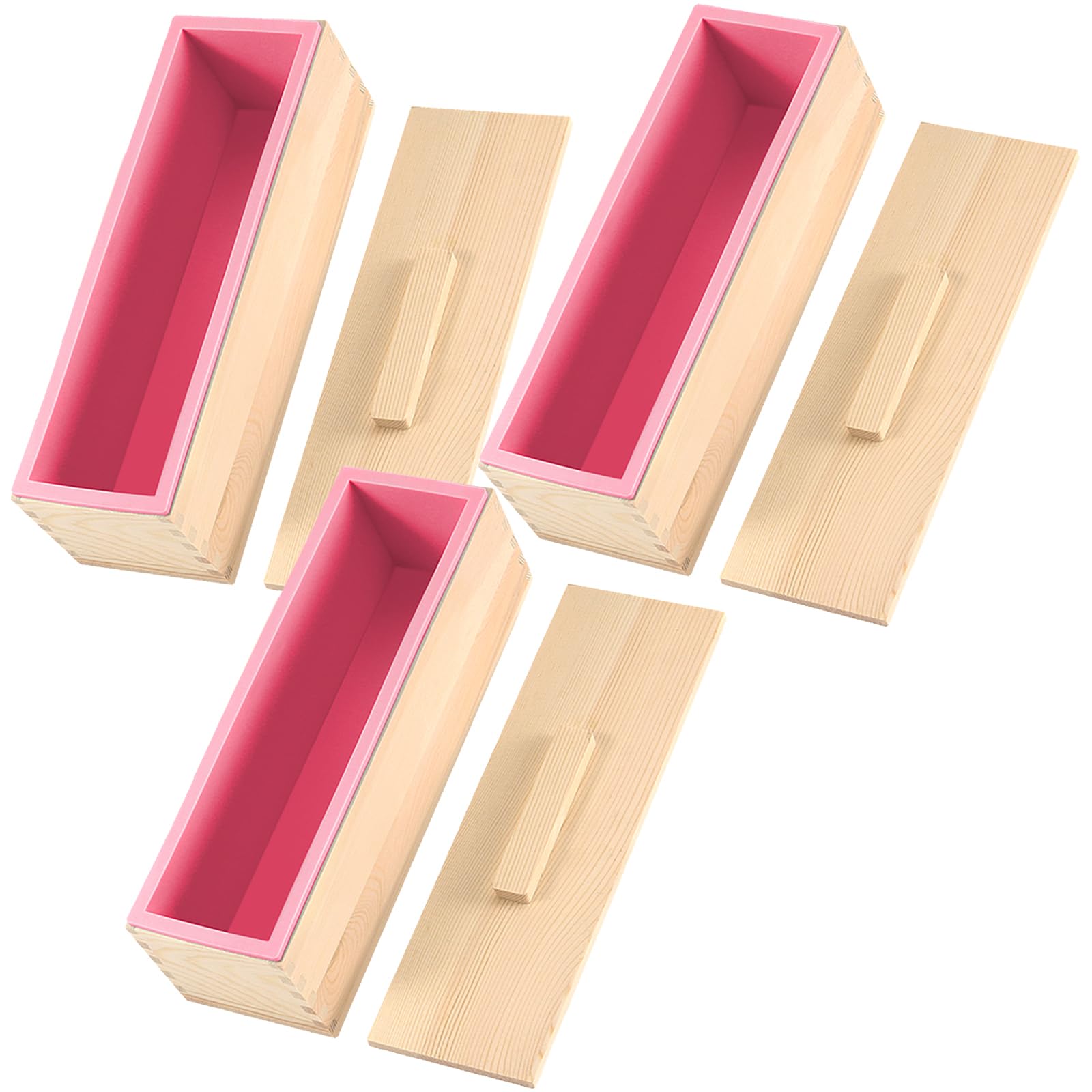 ZOENHOU 3-Piece 42 oz Pink Silicone Soap Molds Kit - Flexible Rectangular DIY Soap Making Supplies with Wooden Box for Handmade Bath & Body Products - Perfect for Home Crafting, Gift Making & Small Business Soap Production