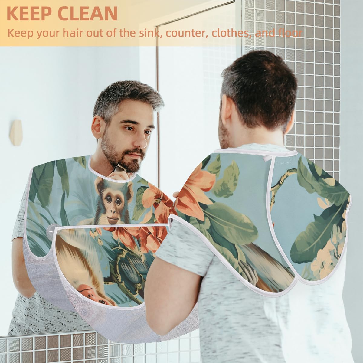 Original Monkey with Flowers Beard Shaving Bib for Men - Waterproof Barber Apron for Hair Dye, Makeup & Beard Trimming - Sink Hair Catcher & Styling Cape - Perfect Gift for Barbers & DIY Grooming at Home