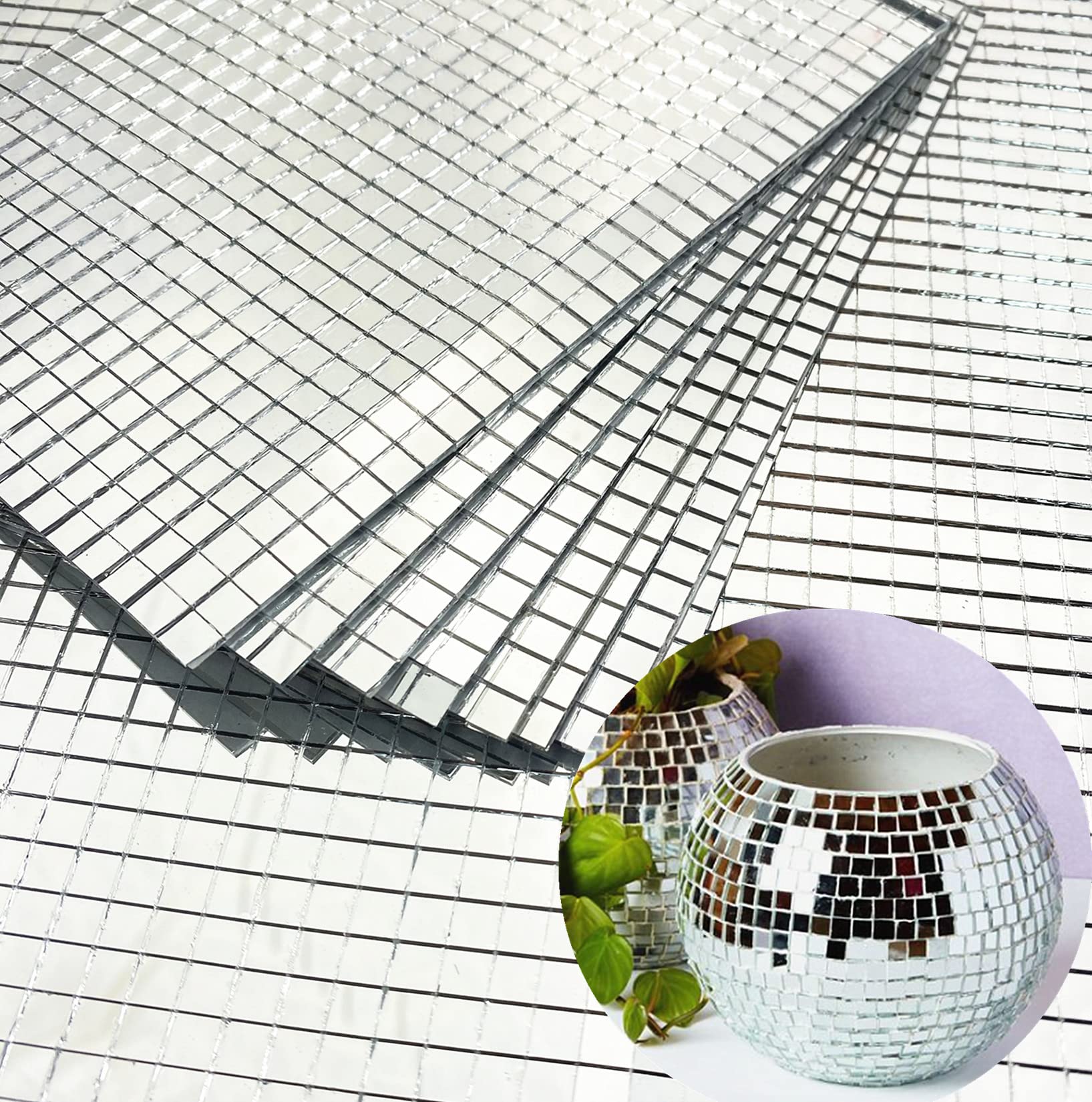 8 Pack Silver Real Glass Mosaic Tiles - 4800Pcs Self-Adhesive Mini Square Mirror Stickers (5mm x 5mm, 10x15cm) for DIY Crafts, Home Decor, Wall Art & Scrapbooking Projects