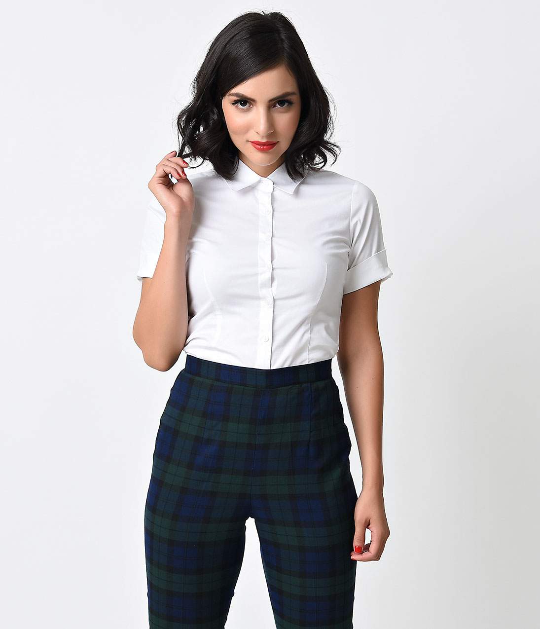 Vintage 1960s White Collared Short Sleeve Button Up Blouse for Women - Retro Office Wear & Casual Summer Outfits