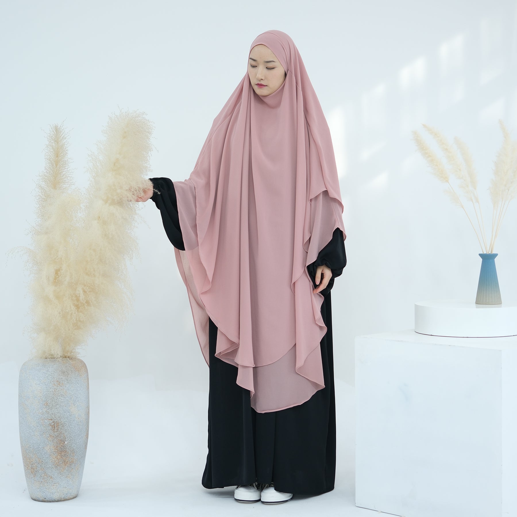 2 Layer Maxi Chiffon Khimar - Elegant Muslim Prayer Dress for Women, Pink, Lightweight & Flowy Hijab Scarf - Perfect for Prayer, Eid, Wedding & Special Occasions