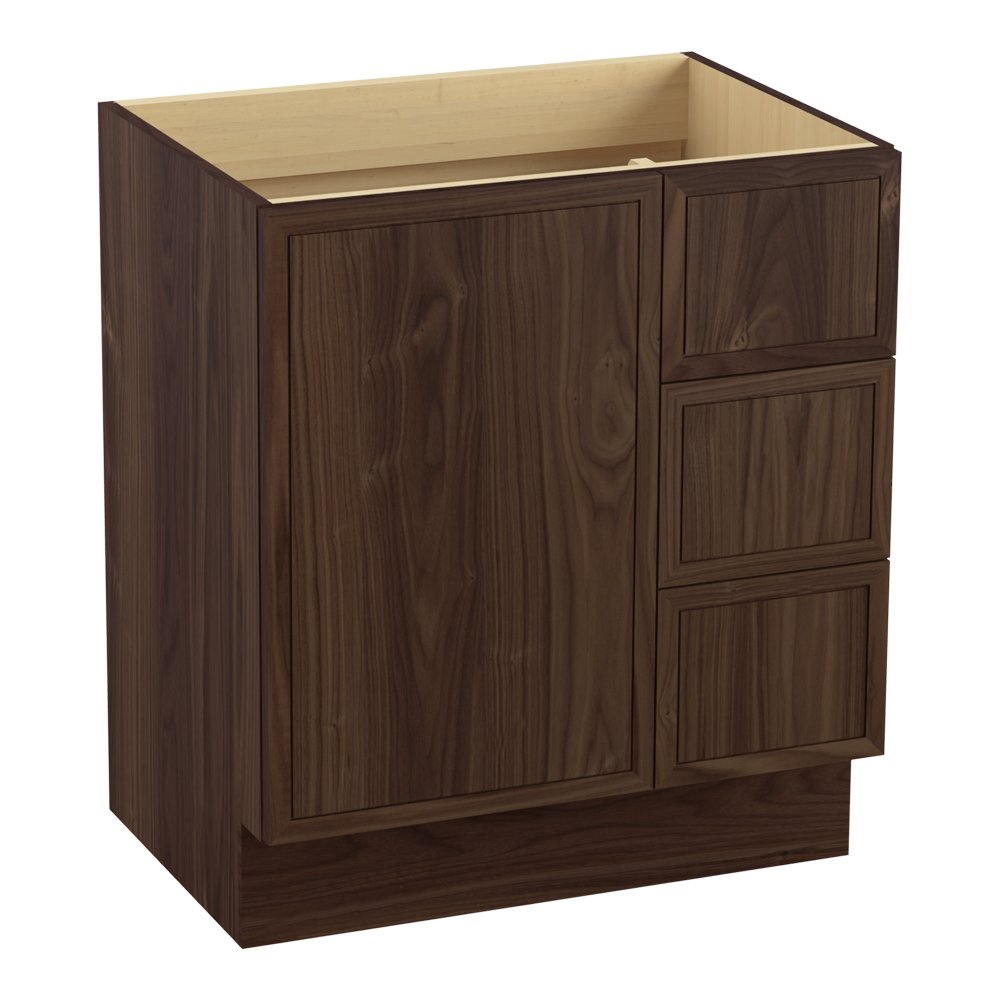 KOHLER Jacquard 30-Inch Bathroom Vanity with Toe Kick - 1 Door & 3 Drawers Right Side - Terry Walnut Finish - Perfect for Modern Bathroom Remodeling and Home Renovation Projects