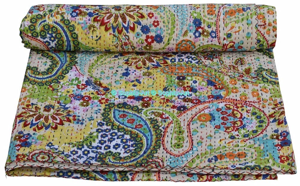 Sophia-Art Handmade Indian Kantha Cotton Quilt - Paisley Print Bohemian Bedspread, Sofa Cover & Throw Blanket for Bedroom, Living Room & Outdoor Use