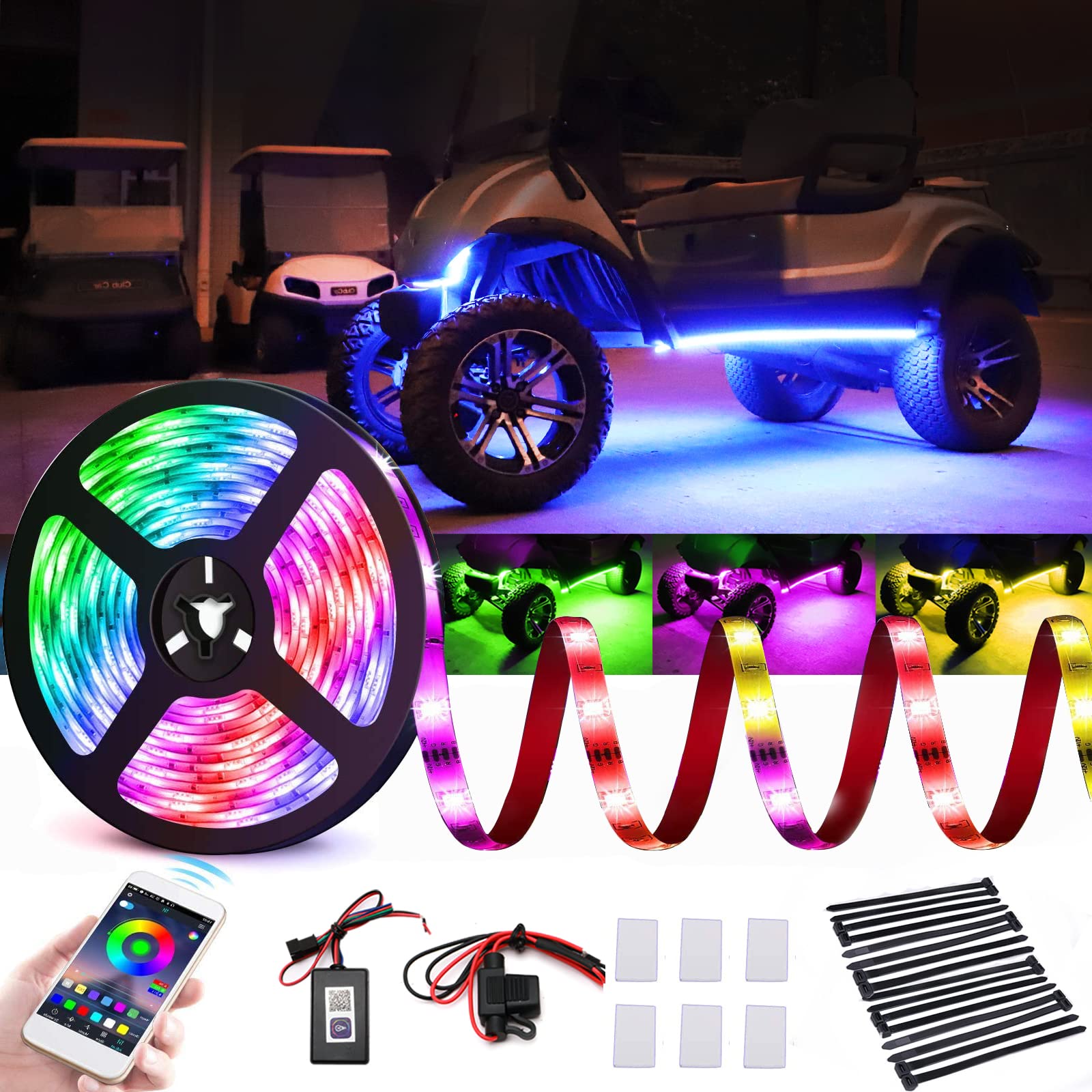 Roykaw Waterproof Golf Cart LED Underglow Light Strip Kit - Bluetooth Control, 12V 360 LEDs for EZGO, Yamaha, Club Car | Perfect for Night Golfing & Off-Road Adventures