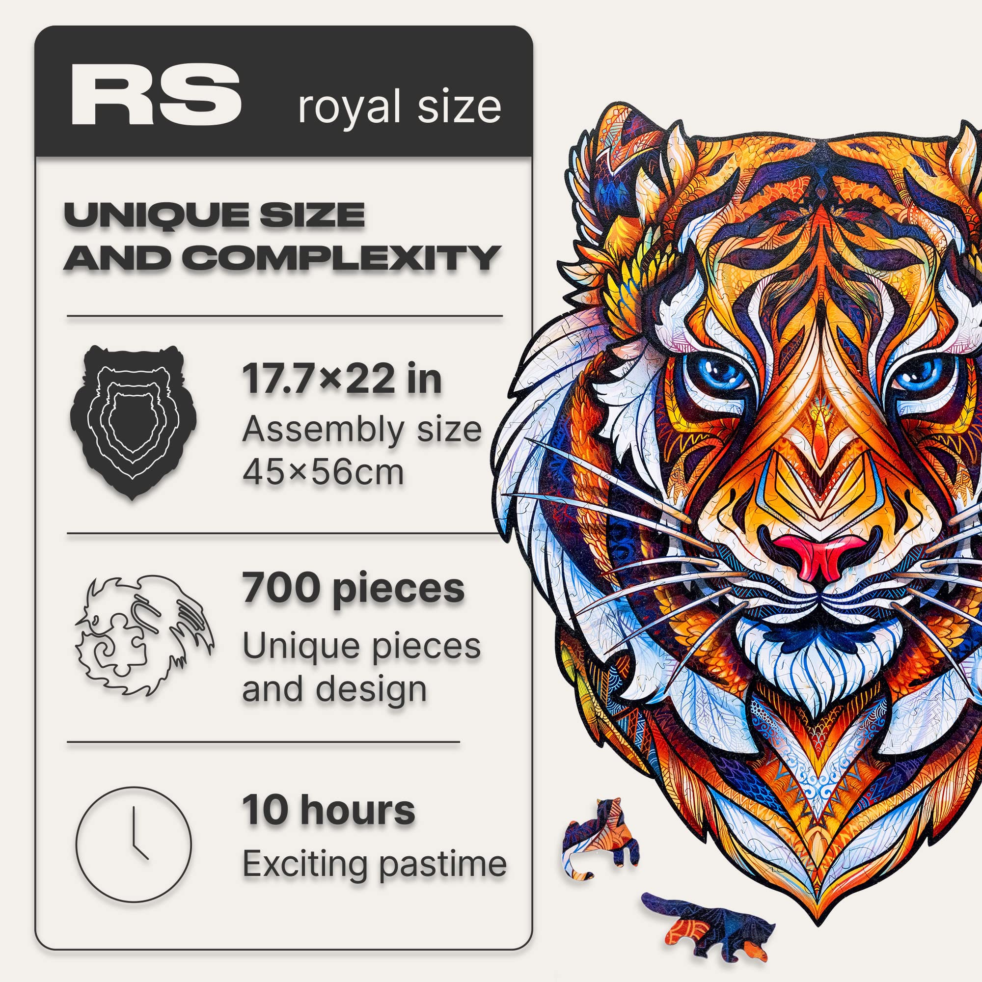 UNIDRAGON Original Wooden Jigsaw Puzzles - Lovely Tiger Design, 700 Piece Premium Puzzle, Large 17.7x22 Inch Royal Size, Unique Shaped Pieces, Beautiful Gift Box - Perfect for Family Game Night, Birthday Gifts for Adults & Kids, Home Decor & Stress Relief Activities