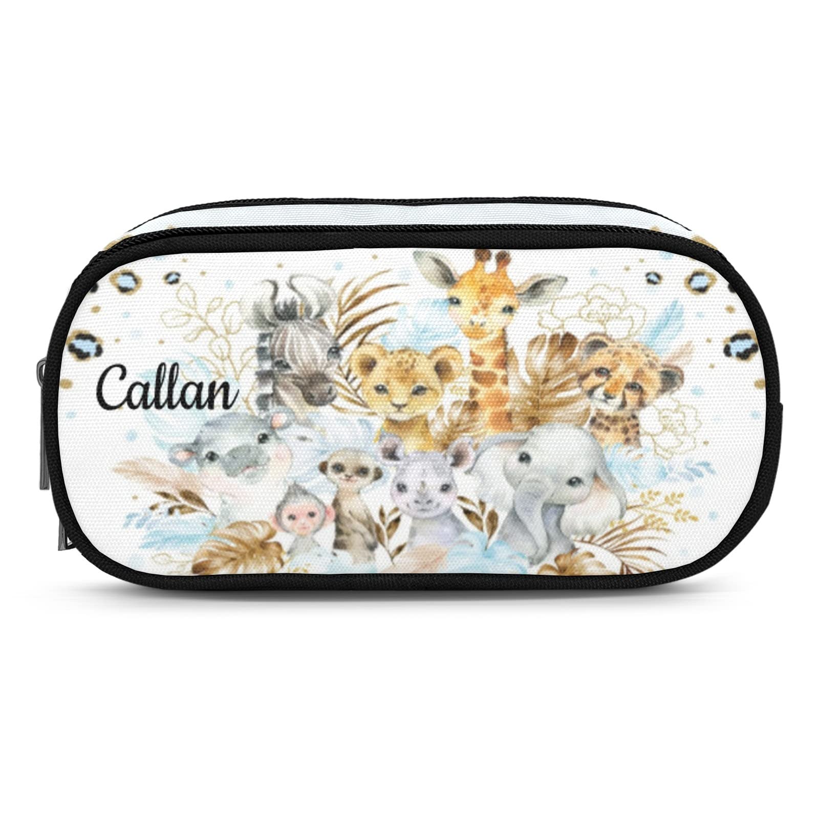 Blue Gold Jungle Safari Animals Personalized Pencil Case - Custom Zipper Stationery Bag for Pens & Pencils - Perfect for School, Office & Travel - Great Gift for Boys & Girls