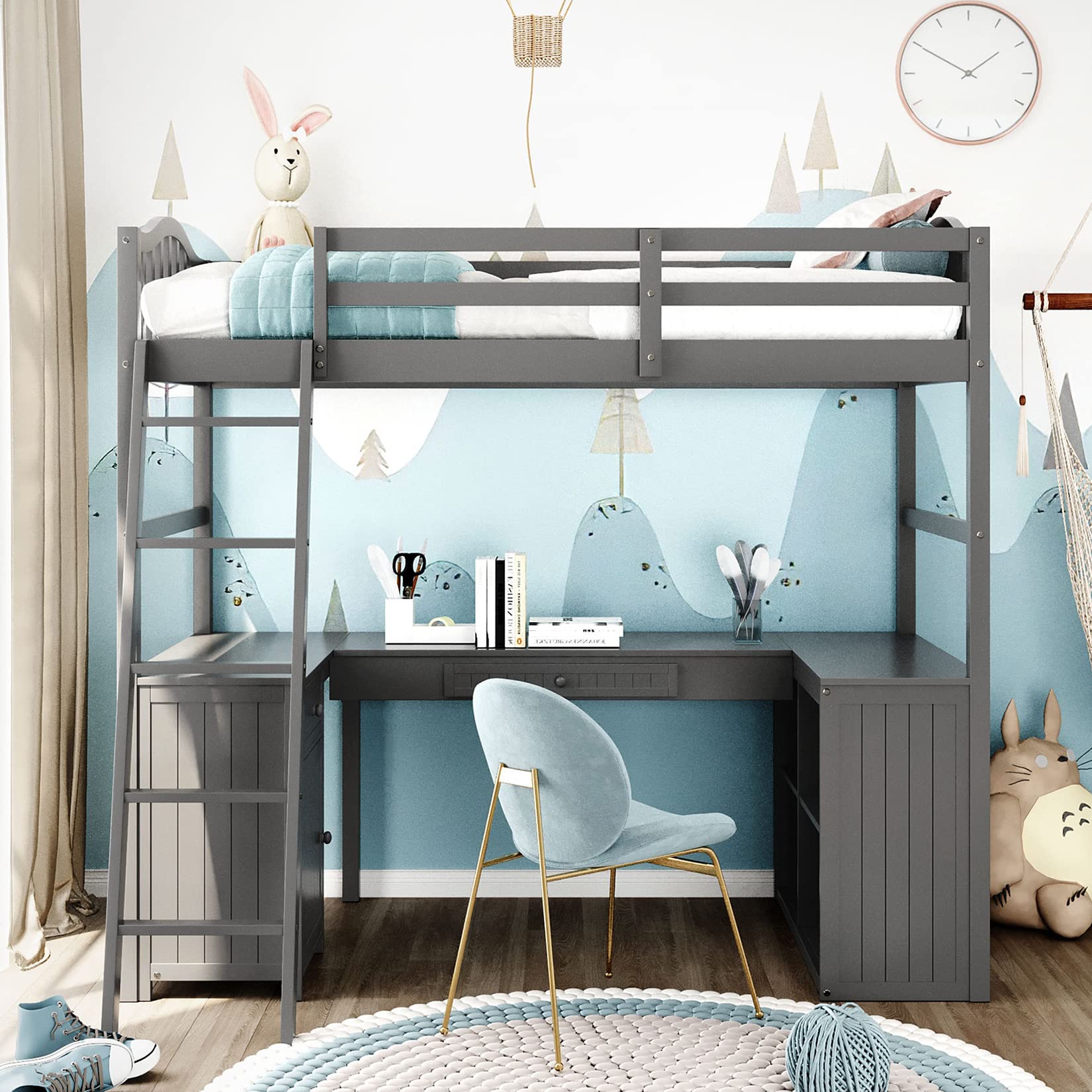 Harper & Bright Designs Twin Size Loft Bed with Desk, Storage Drawers, Cabinet & Shelves - Sturdy Wooden Loft Bed Frame for Kids, Teens & Adults - Space-Saving Gray Bedroom Furniture for Small Rooms, Dorms & Apartments