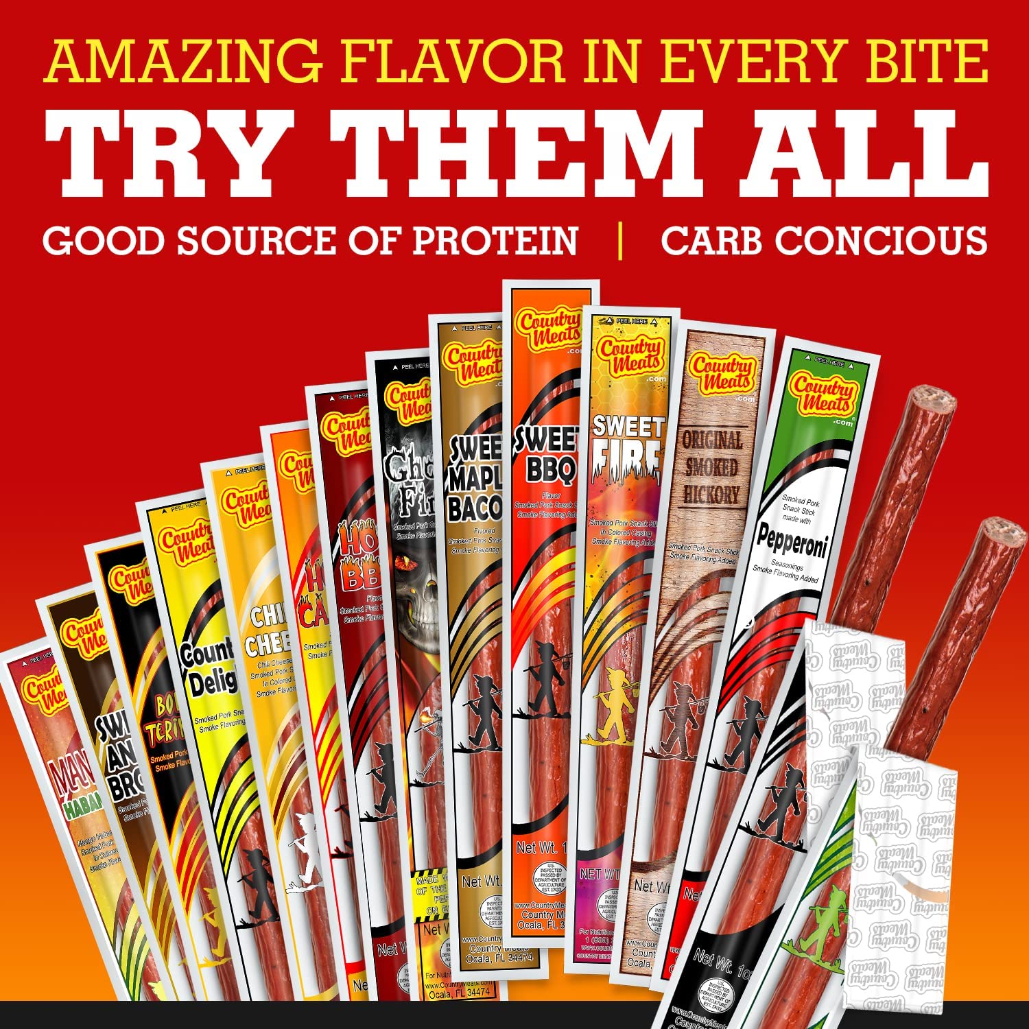 Country Meats Protein Snack Sticks - USDA Certified, 0 Trans Fat, Keto & Low Carb Friendly (24 Pack) | Perfect for Hiking, Road Trips & Office Snacks