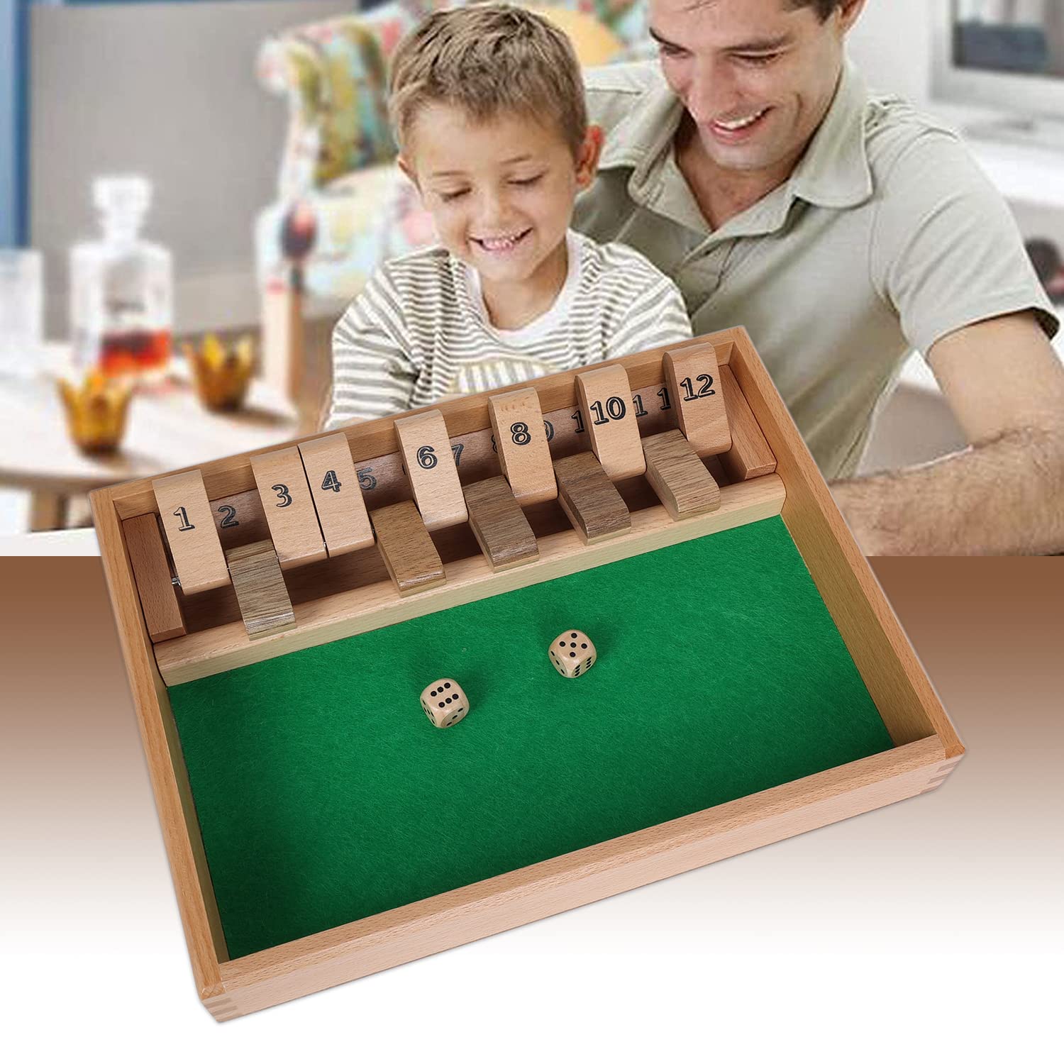 GOTHINK Shut The Box Wooden Board Dice Game - 12 Number Classic Math Tabletop Game with 2 Dice for Kids & Adults | Fun Family Game Night, Classroom Learning, Pub Entertainment & Home Party Activity
