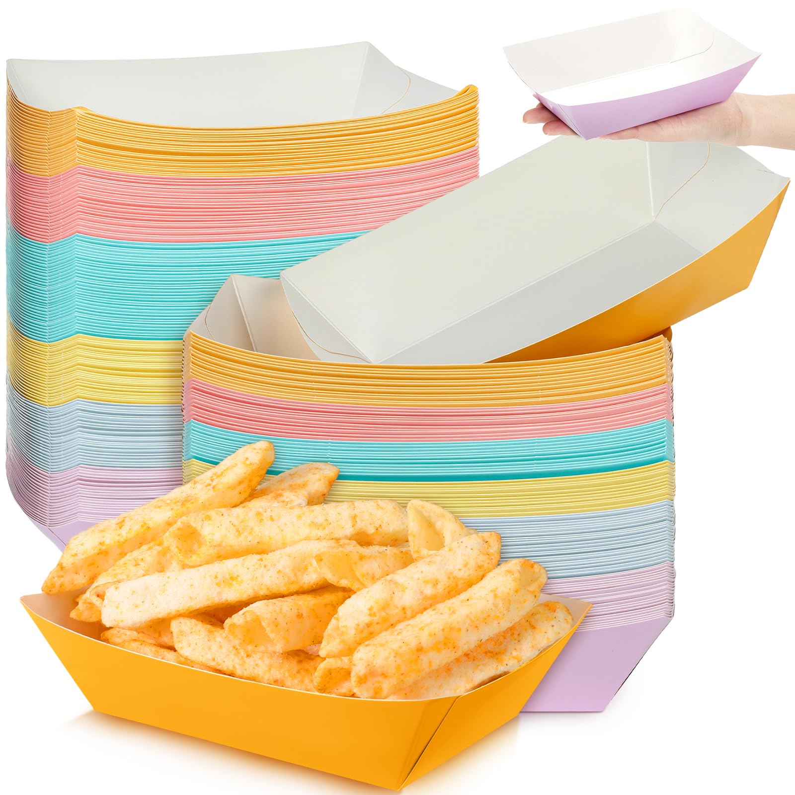Lallisa 120 Pcs 3Lb Colorful Disposable Paper Food Trays - Grease Resistant Nacho, Hot Dog & Ice Cream Serving Boats - Pastel Party Supplies for BBQ, Picnic, Summer Snacks & French Fries (Ideal for Outdoor Events, Birthday Parties & Food Truck Service)
