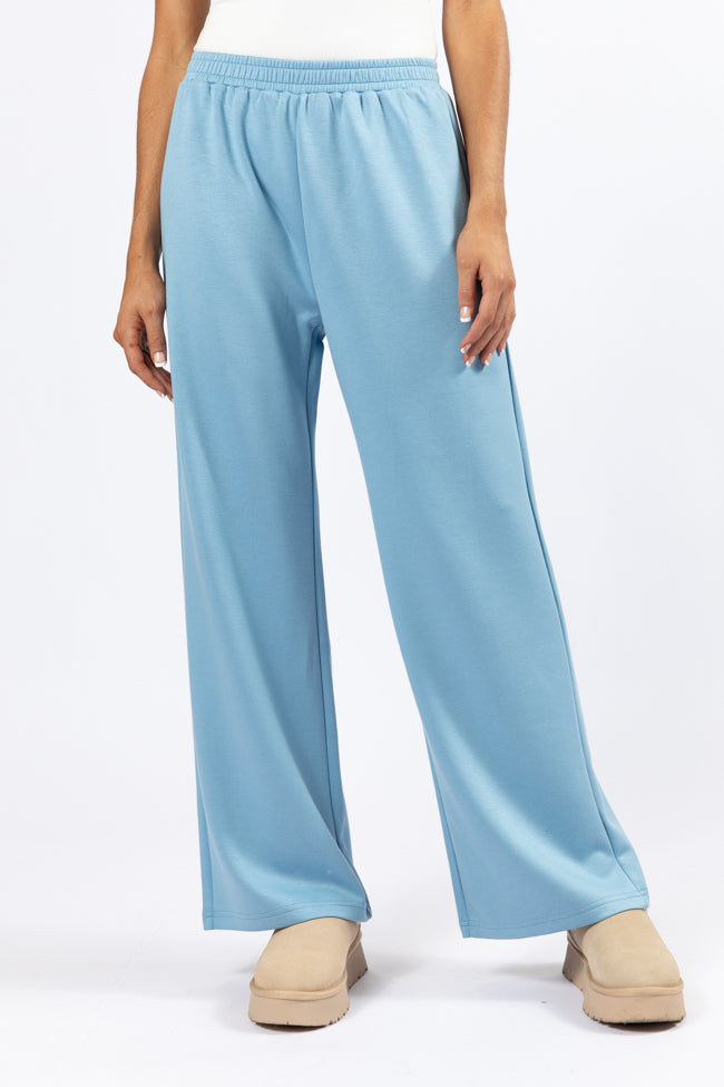 Let's Just Stay Blue Knit Wide Leg Pants - Comfortable High Waisted Lounge Pants for Women | Perfect for Yoga, Home Wear & Casual Outfits