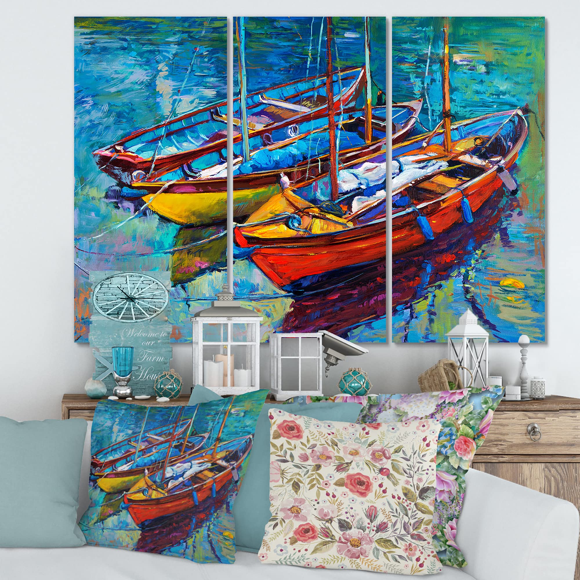 Three Boats in the Harbor Nautical Canvas Wall Art - Coastal Beach House Decor for Living Room, Bedroom & Office
