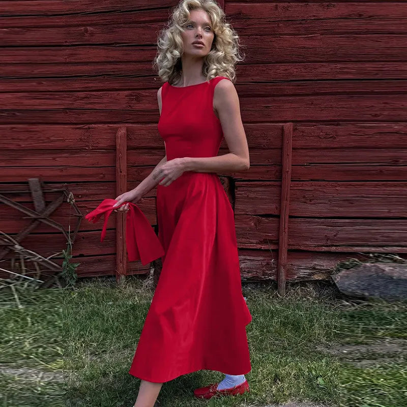 Elegant Backless A-Line Maxi Dress for Women - Solid Color O-Neck Sleeveless Long Gown with High Waist - Perfect for Beach Vacations, Summer Parties & Date Nights