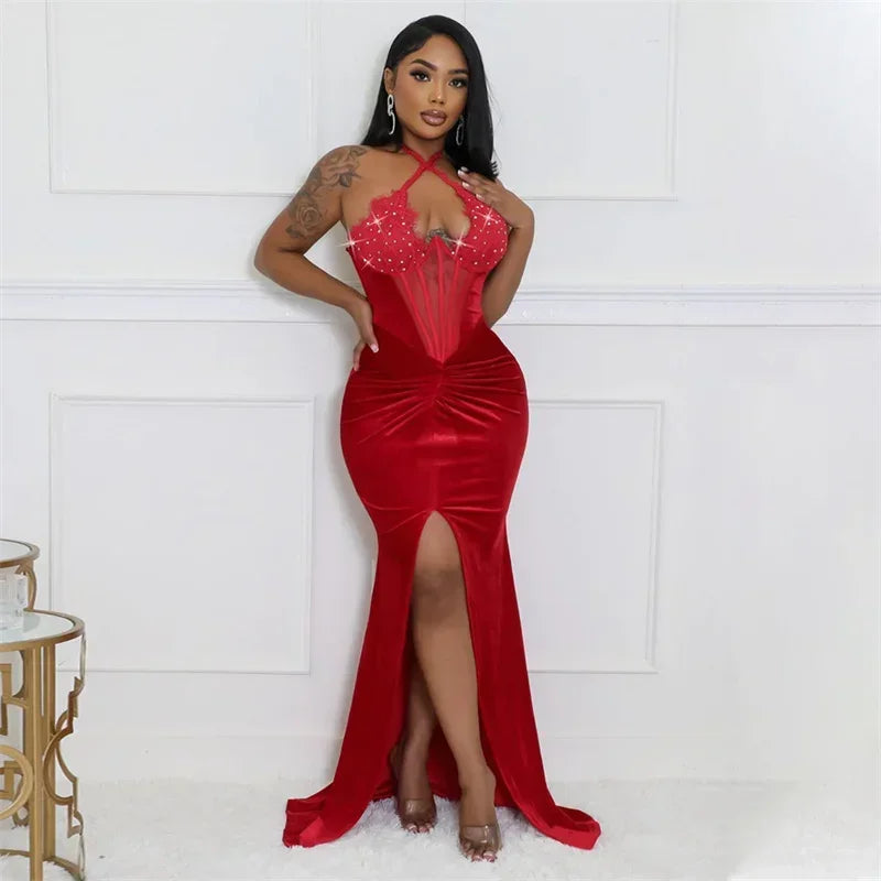 Elegant Rhinestone Fishbone Mesh Velvet Maxi Dress for Women - Halter Lace Up Sexy Long Party Gown with Front Split & Gloves | Perfect for Evening Events, Prom, Wedding Guest & Special Occasions