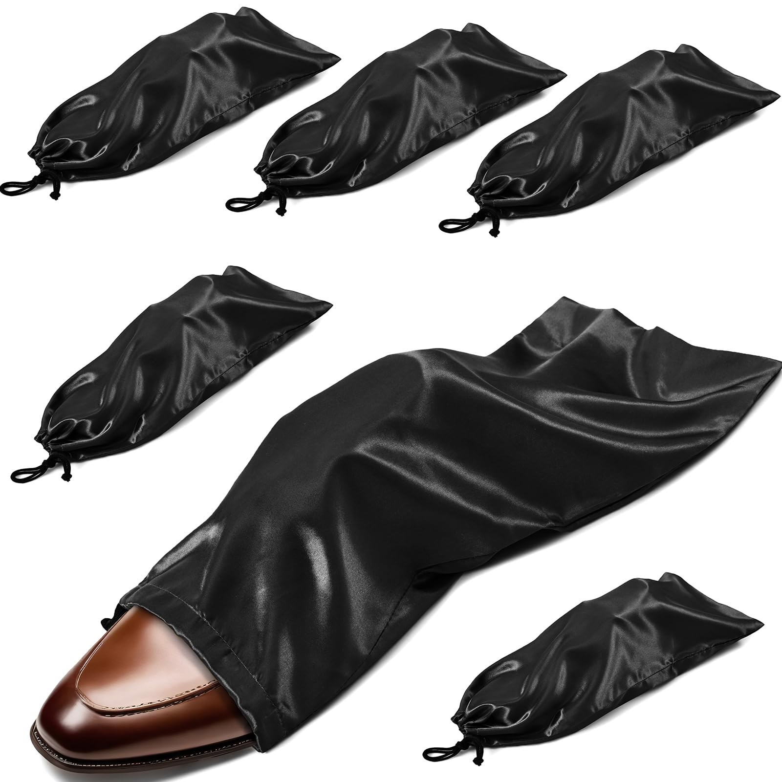 Ersmak 6 Pack Black Satin Shoe Bags with Drawstring for Travel - 17.7 x 7.9 Inch Shoe Storage Protectors - Perfect for Organizing Shoes in Suitcases, Gym Bags & Closet Storage