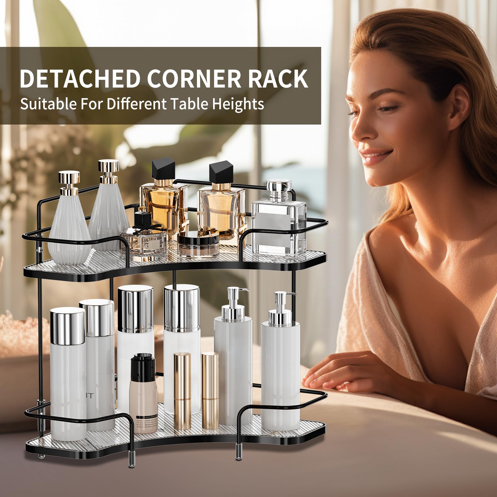 2 Tier Corner Bathroom Counter Organizer - Cosmetic & Skincare Storage Shelf - Vanity Perfume Tray - Kitchen Spice Corner Shelf | Perfect for Small Bathroom, Makeup Vanity & Kitchen Counter Organization