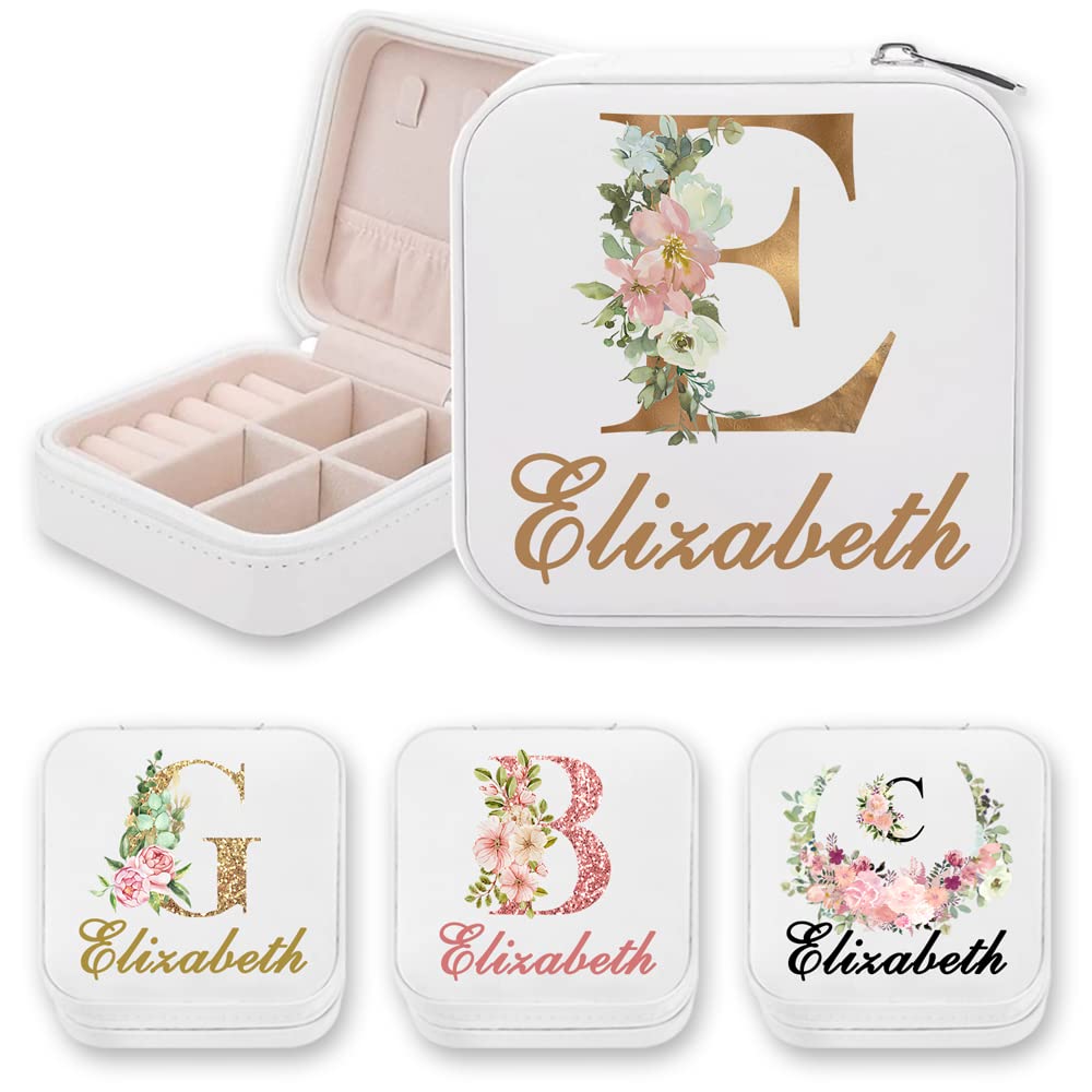 Personalized Initial & Name Jewelry Box with Floral Design - Portable Travel Jewelry Organizer Case - Perfect Gift for Bridesmaids, Mom, Girlfriend - Great for Weddings, Travel, Birthday Presents & Daily Jewelry Storage