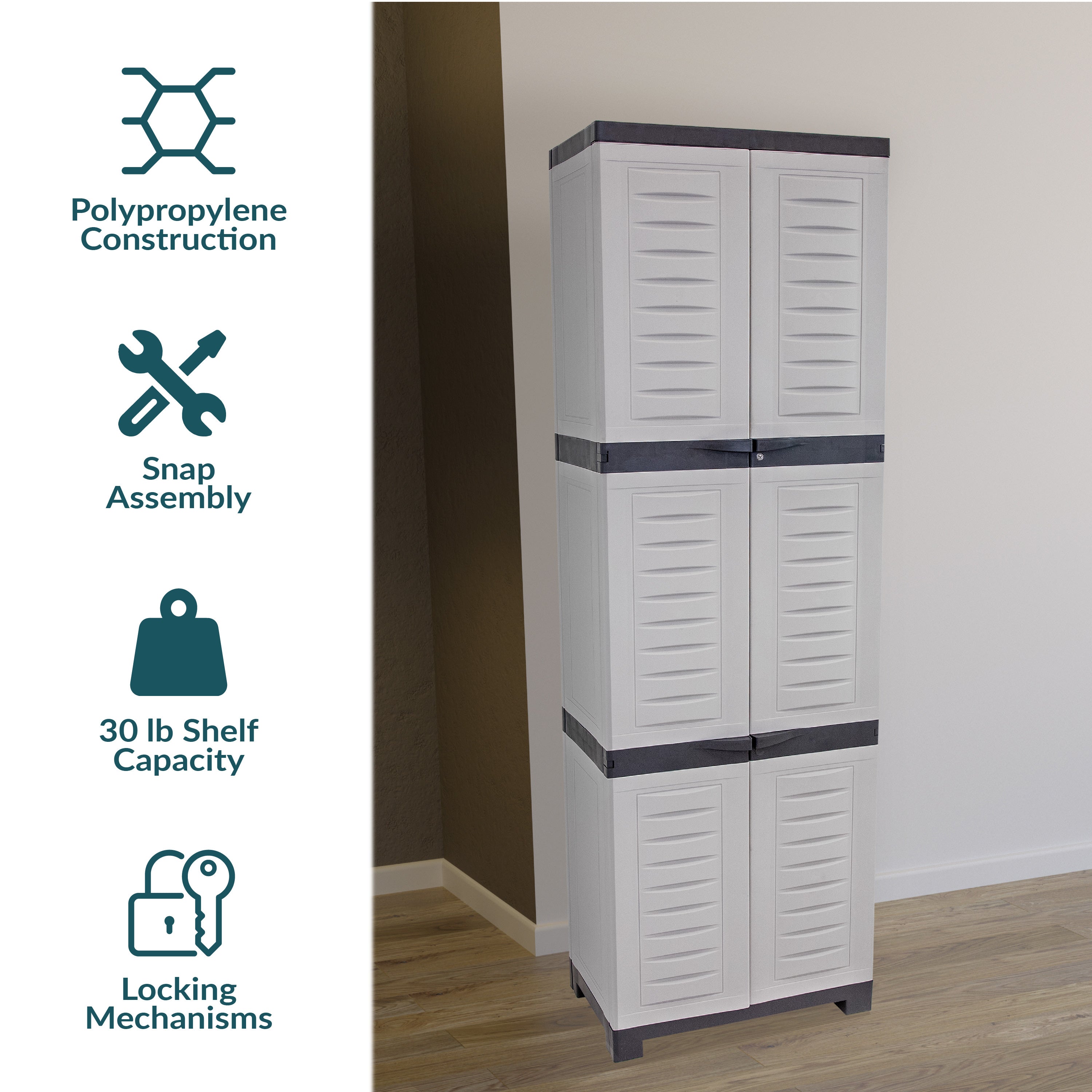 Sunnydaze 4-Shelf Plastic Lockable Storage Cabinet - 72 Inch Heavy Duty Utility Organizer for Garage, Shed, or Outdoor Storage | Weather-Resistant & Secure Shelving Unit