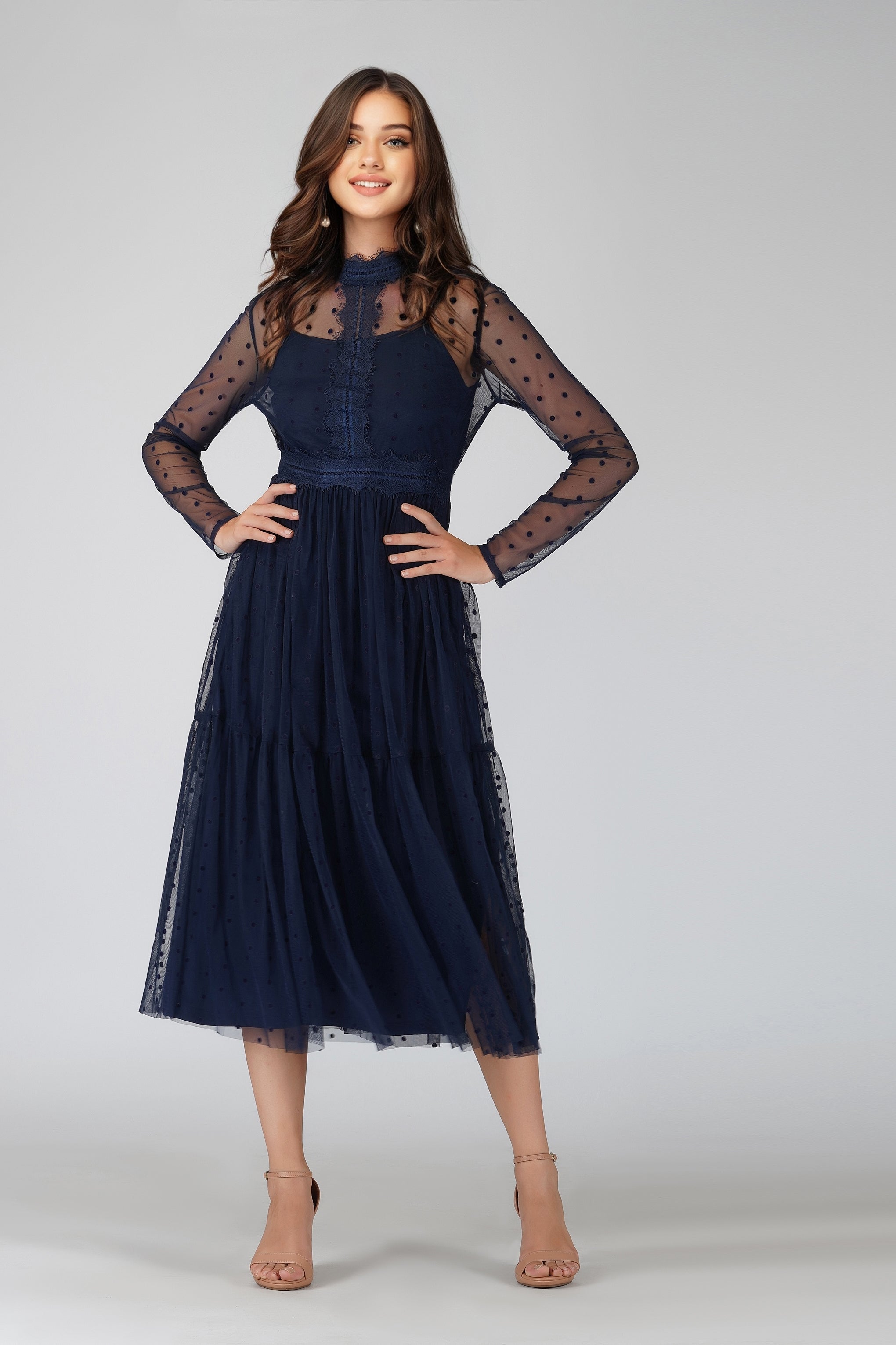 Roman Lola Navy Blue Polka Dot Midi Dress - Flowy Summer Dress for Women, Perfect for Beach Vacations, Brunch Dates & Casual Outings