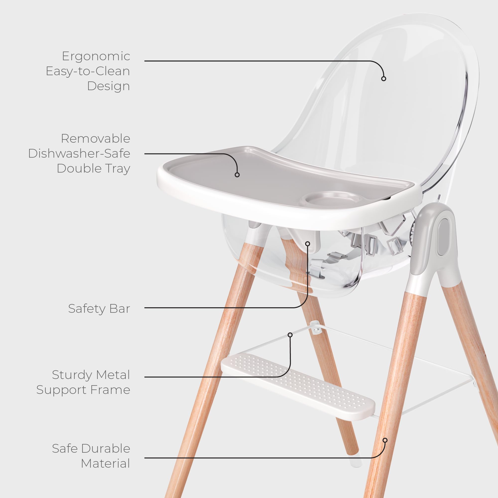 6-in-1 Deluxe Wooden High Chair for Babies & Toddlers - Modern Safe & Compact Baby Highchair with Removable Tray | 3 Adjustable Seat Positions & 2 Height Options | Easy to Clean & Assemble | Perfect for Dining, Feeding & Playtime (Clear)