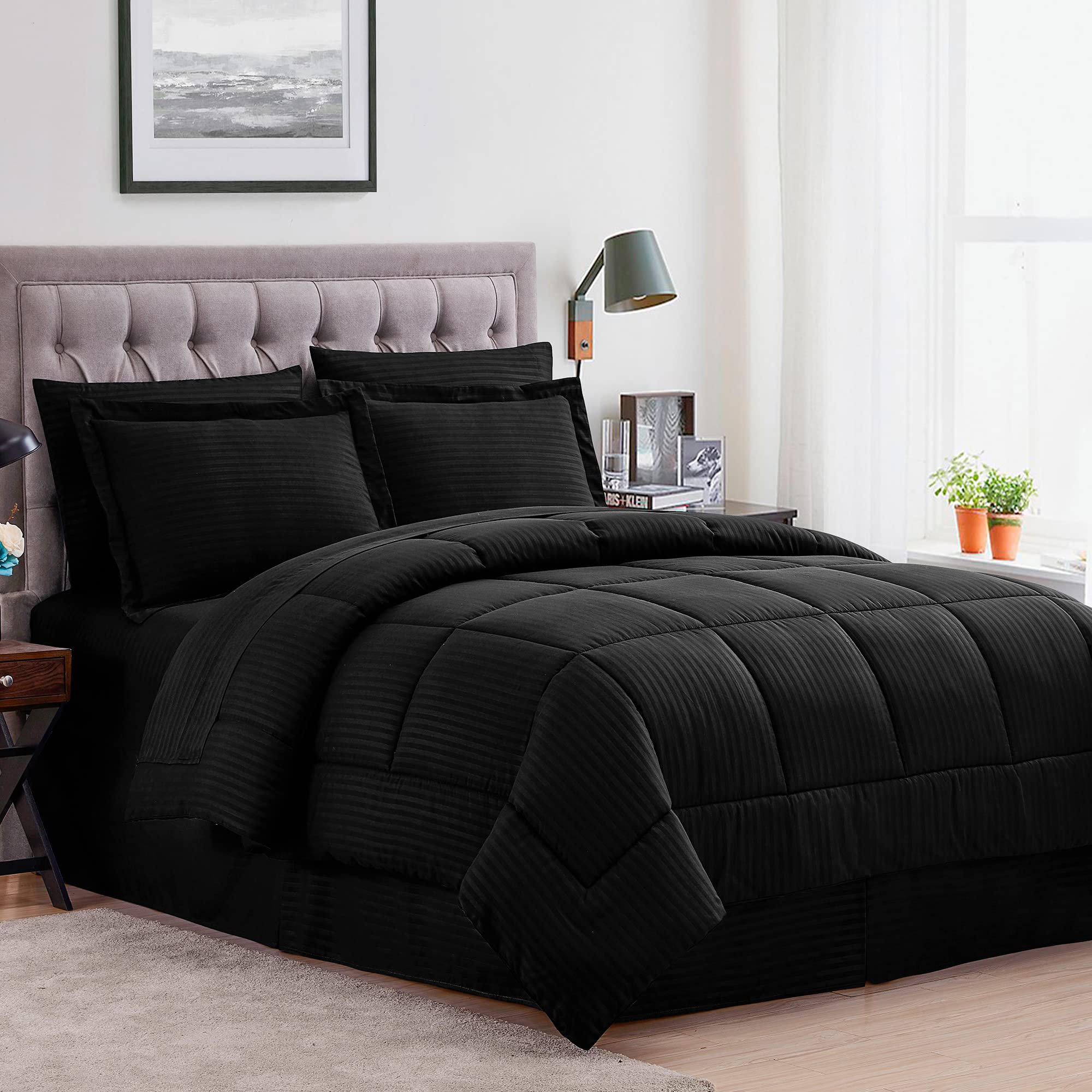 King Size 8-Piece Comforter Set - Includes Bed Skirt, Fitted Sheet, Flat Sheet, 2 Pillowcases & 2 Shams - Dobby Black Luxury Bedding - Perfect for Master Bedroom, Guest Room & Hotel Style Decor
