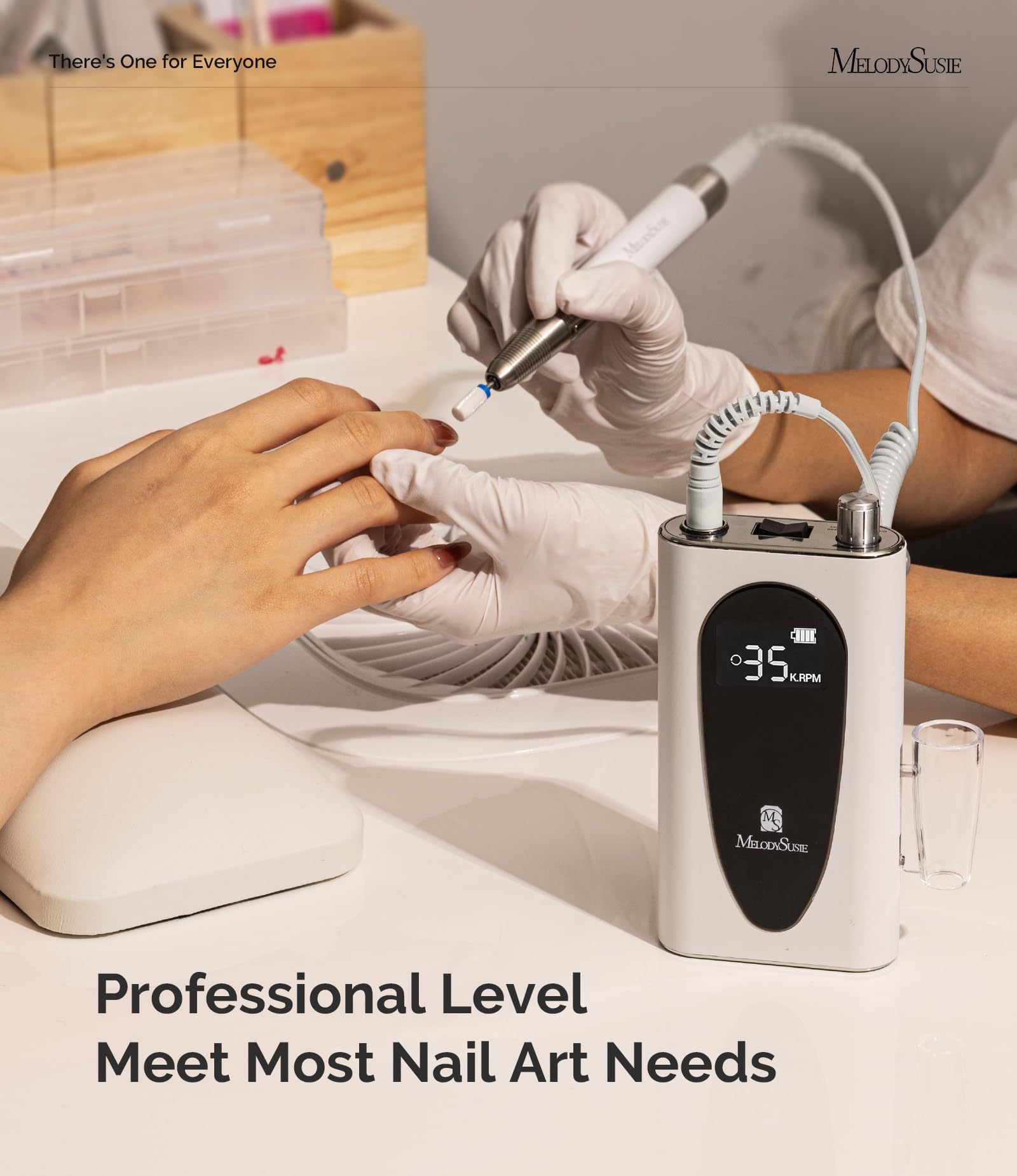 MelodySusie MM400C Professional Cordless Nail Drill - 35000 RPM Rechargeable Electric Nail File for Acrylic & Gel Nails with 8 Drill Bits | Low Noise & Heat | Portable Manicure Tool | Perfect for Salon & Home Nail Care | Sparkle Plus White