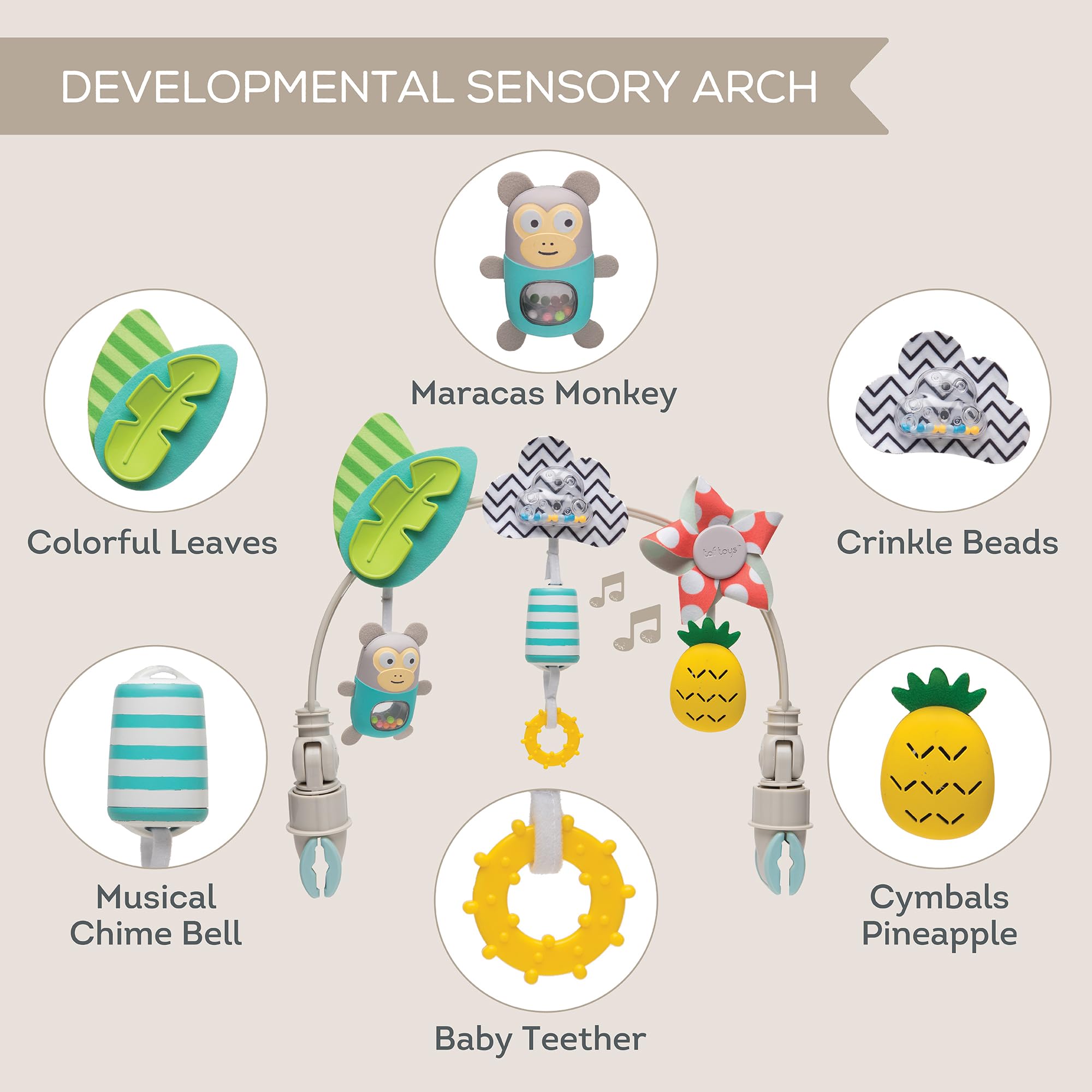 Taf Toys Tropical Orchestra Arch - Baby Activity Toy for Stroller & Pram | Sensory Development & Motor Skills for Infants & Toddlers | Perfect for Outdoor Walks, Travel & Playtime