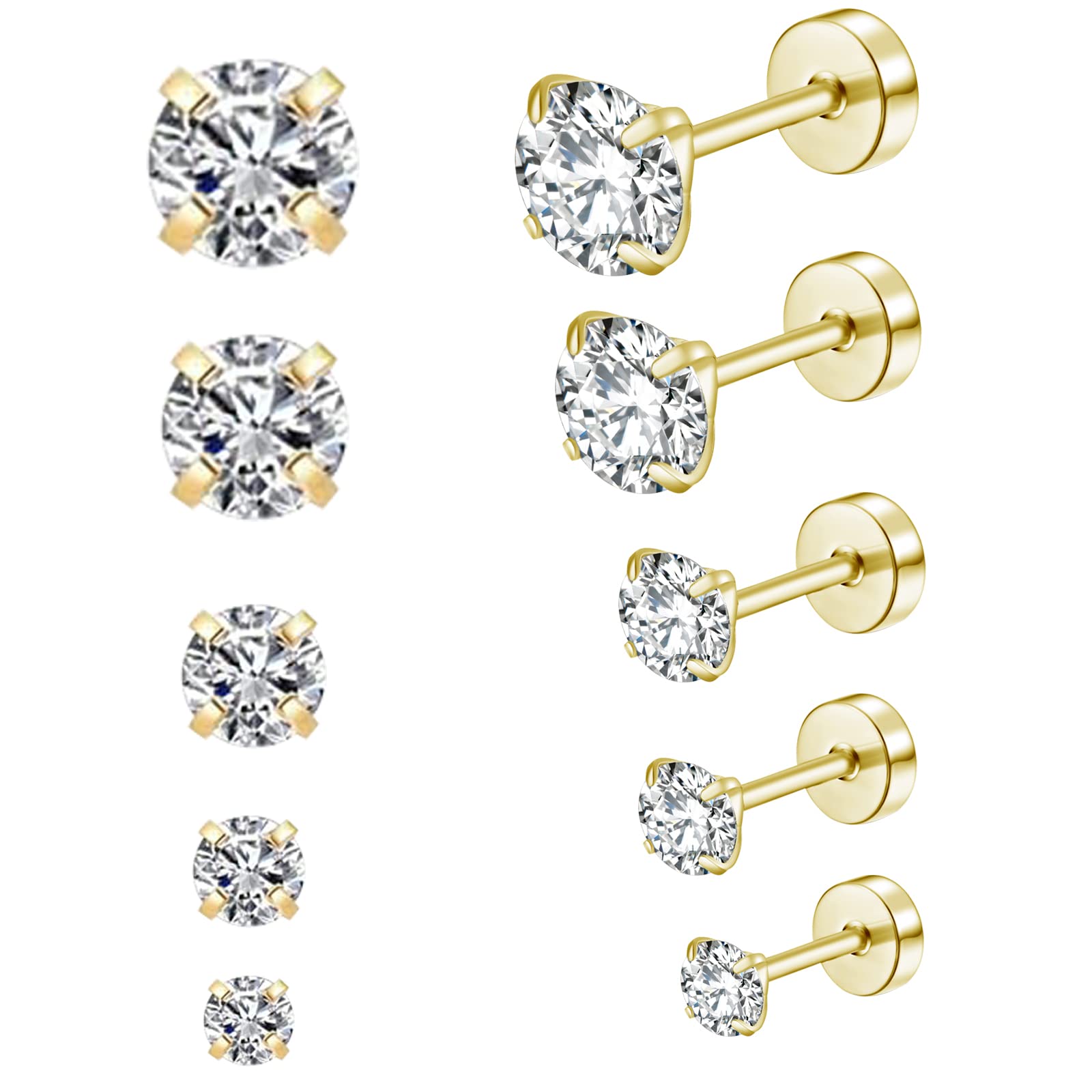 5 Pack Tiny Cartilage Stud Earrings for Women & Men - 3-8mm Flat Back CZ Screw Back Hypoallergenic Helix Piercing Jewelry in Gold | Perfect for Daily Wear, Gifts & Professional Settings