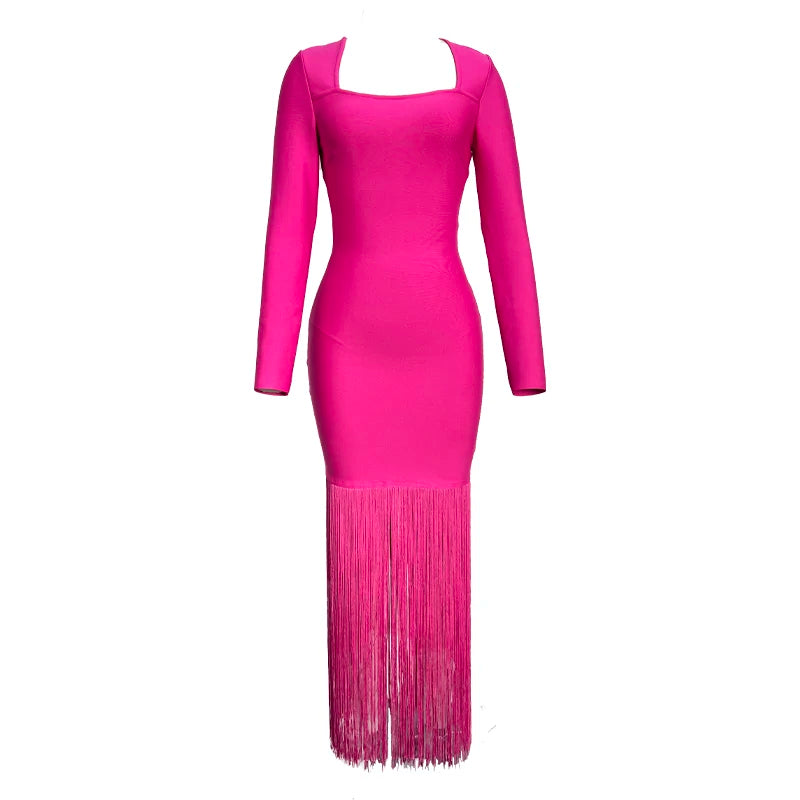 Sexy Black Rose Red Pink Women's Long Sleeve Square Neck Tassel Bodycon Bandage Dress for Nightclub, Party & Celebration - Perfect for Clubbing, Date Nights & Special Occasions