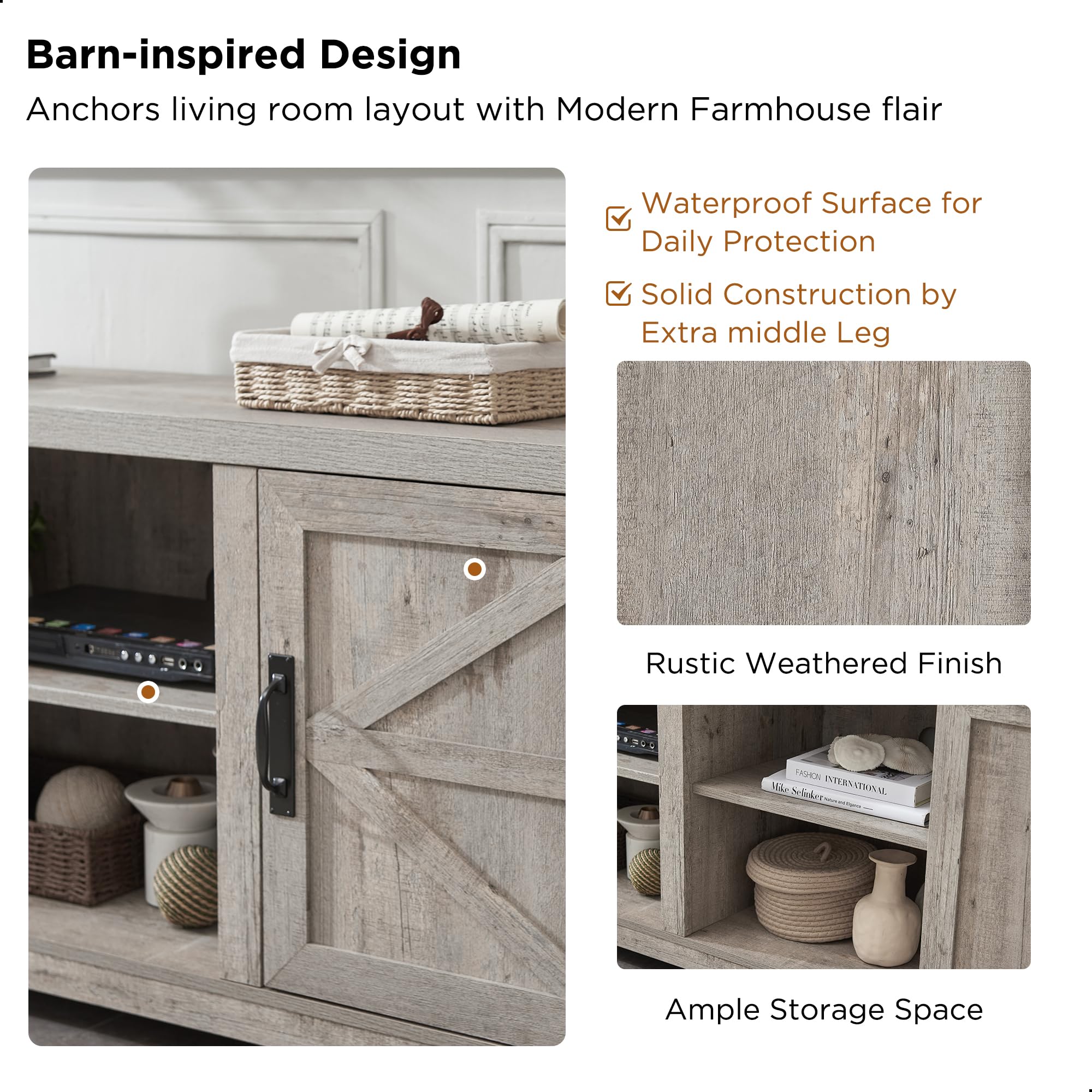 T4TREAM 75 Inch Farmhouse TV Stand with Barn Doors - Rustic Wood Media Console with Storage Cabinets, Modern Entertainment Center for Living Room (Grey Wash) | Perfect for Farmhouse Decor & Home Theater Setup