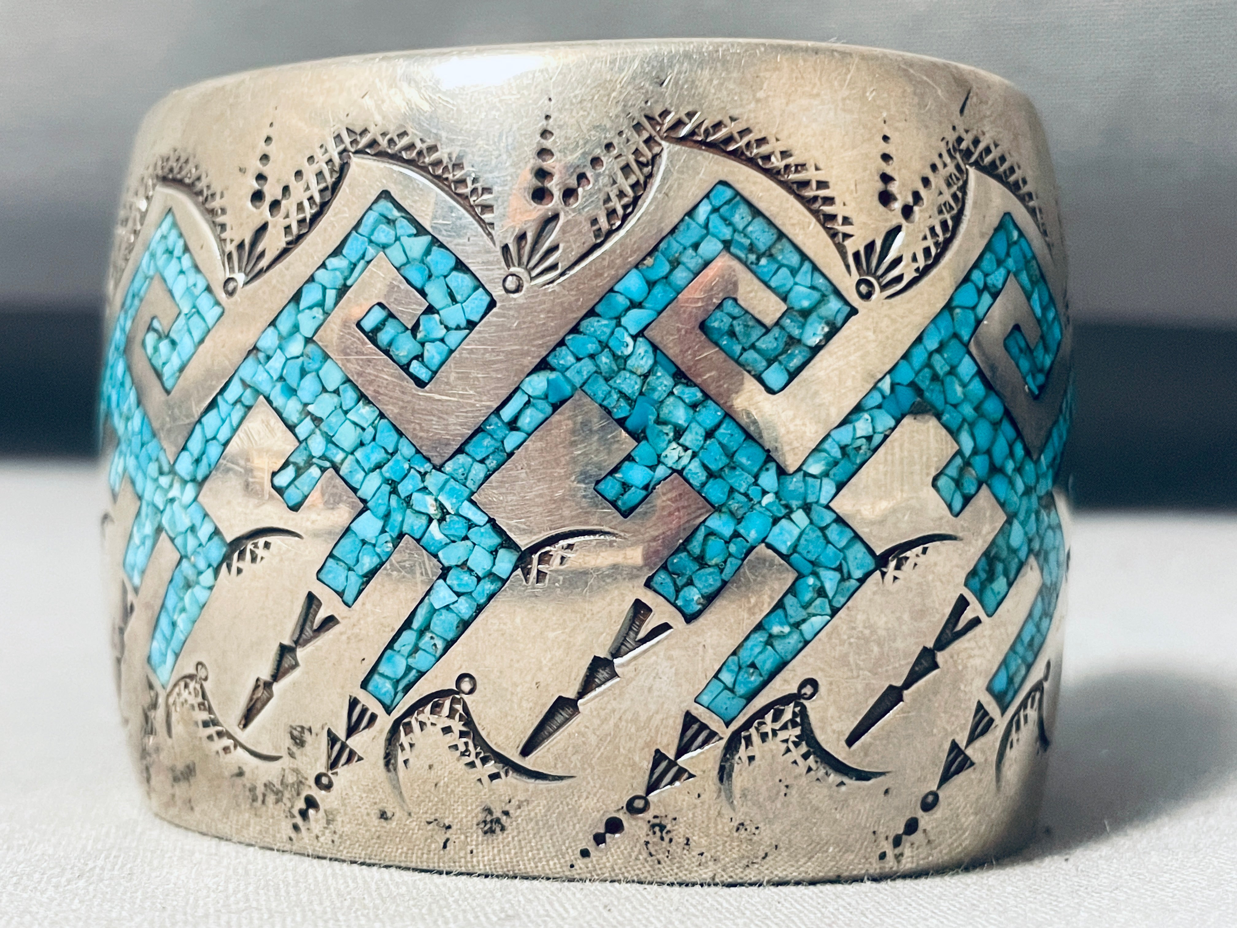 121 Gram Authentic Vintage Navajo Sterling Silver Bracelet with Geometric Water Design - Handmade Native American Jewelry for Women, Perfect for Boho Fashion & Special Occasions