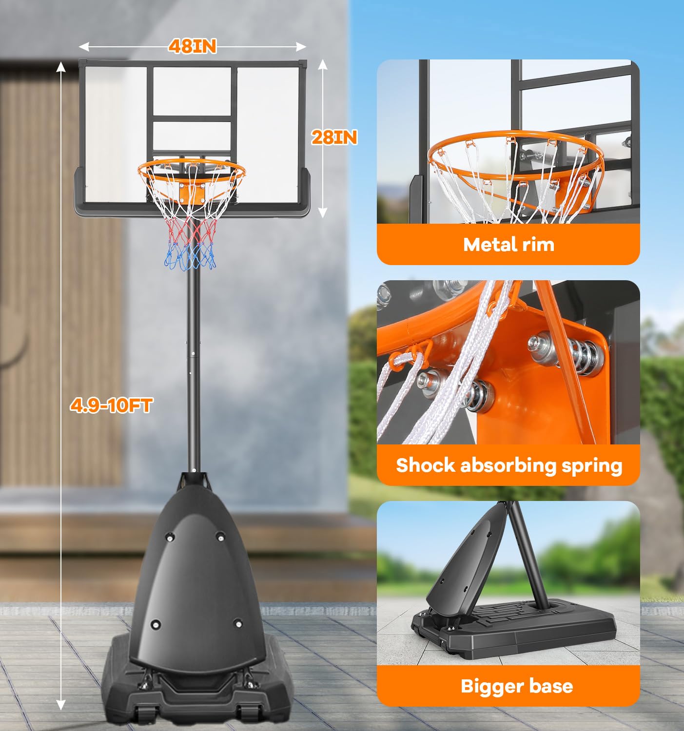 10ft Adjustable Portable Basketball Hoop System - 48 Inch Shatterproof Backboard with Fillable Base for Kids, Youth & Adults | Perfect for Backyard, Driveway & Indoor Use | Durable Outdoor Basketball Goal for Home & School Play