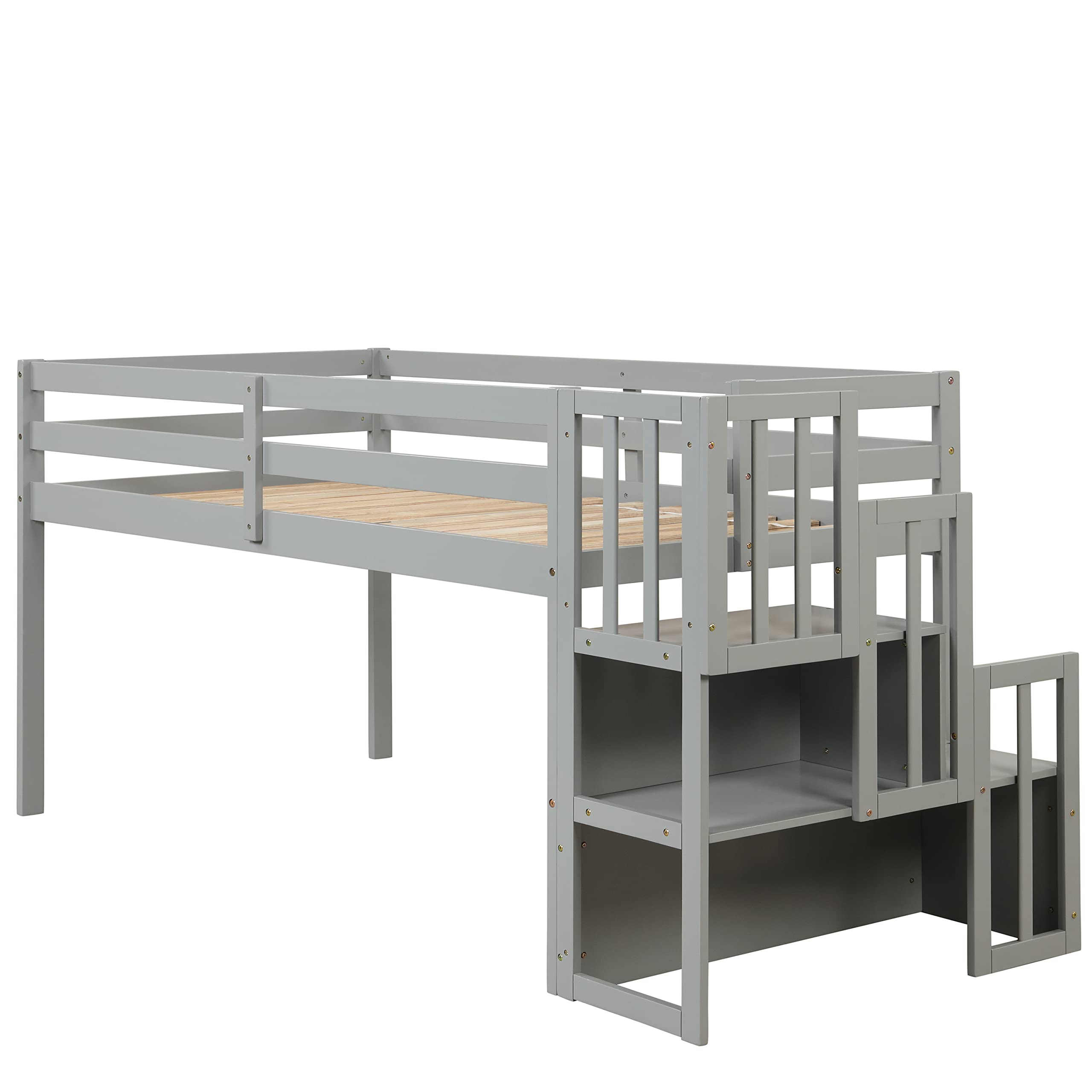 Bellemave Twin Size Low Loft Bed for Kids with Storage Staircase - Sturdy Wood Loft Bed Frame for Boys, Girls & Teens (Gray) - Perfect for Small Bedrooms, Dorm Rooms & Space-Saving Kids' Rooms