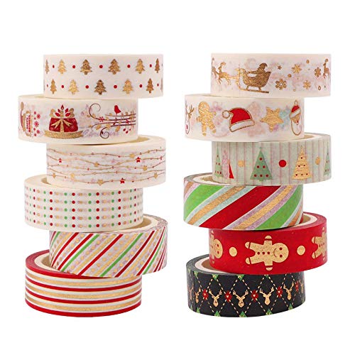 12 Roll Christmas Washi Tape Set - 5Mx15mm Gold Foil Decorative Masking Tape for DIY Crafts, Gift Wrapping, Scrapbooking, Journaling, Holiday Cards, Xmas Tree Decorations & Party Favors