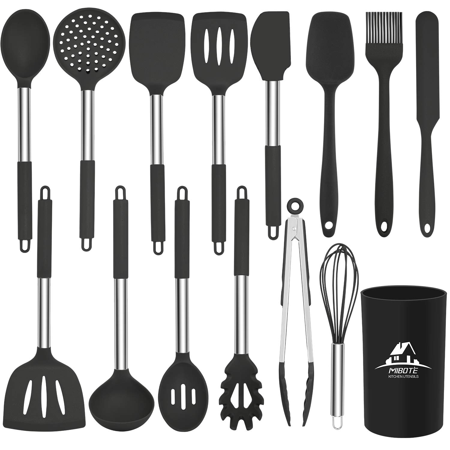 **MIBOTE 12-Piece Silicone Kitchen Utensils Set - BPA-Free, Heat Resistant Cooking Tools with Stainless Steel Handles - Perfect for Non-Stick Pans, Baking, and Everyday Cooking (Black)**