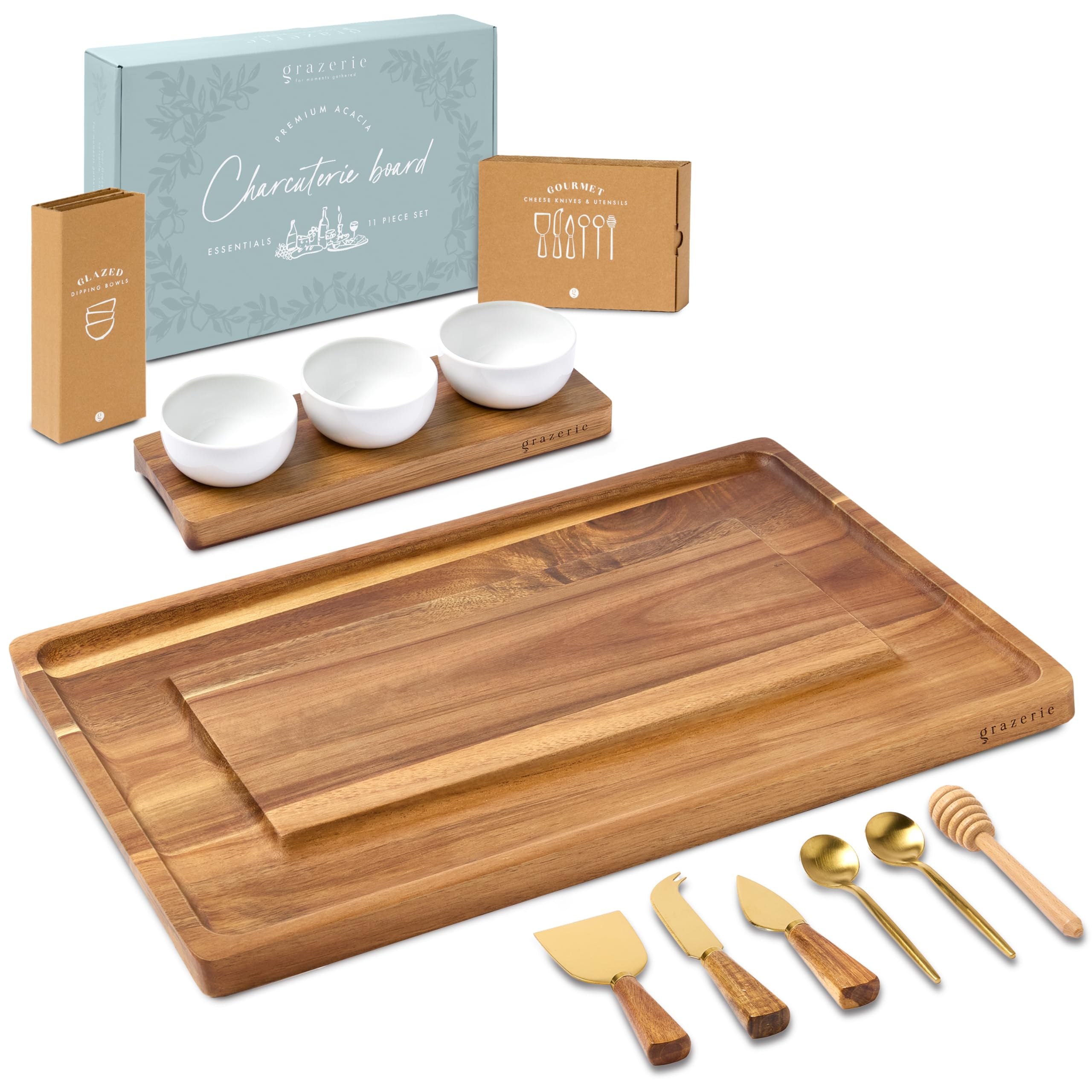 Premium Acacia Wood Charcuterie Board Set - 11-Piece Serving Tray with Side Handles, Cheese Knives & Bowls - Perfect for Wine Parties, Cheese Platters & Entertaining Gifts