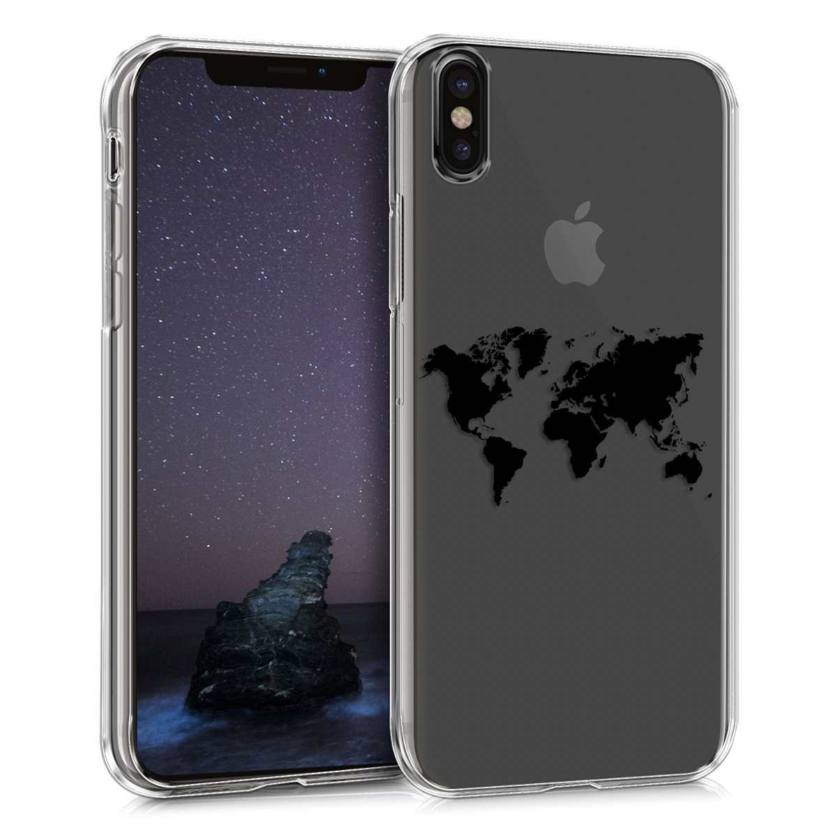 kwmobile Clear TPU Case for Apple iPhone X - Slim Soft Protective Phone Cover - Travel Outline Black/Transparent - Perfect for Everyday Use & Travel Protection